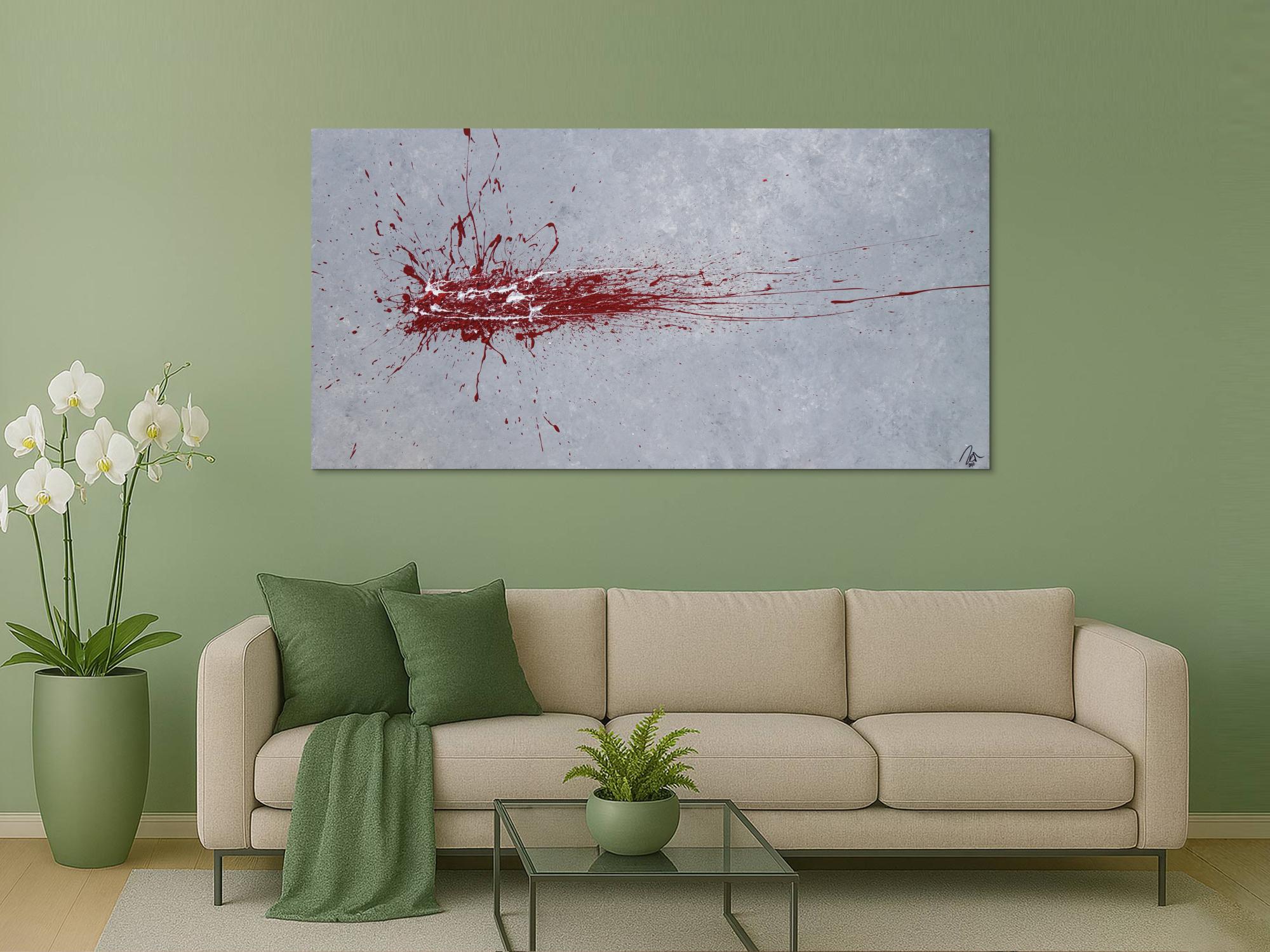 Abstraktes Acrylbild Action Painting Splash Art rot und weiß auf grau expressionistisch modern