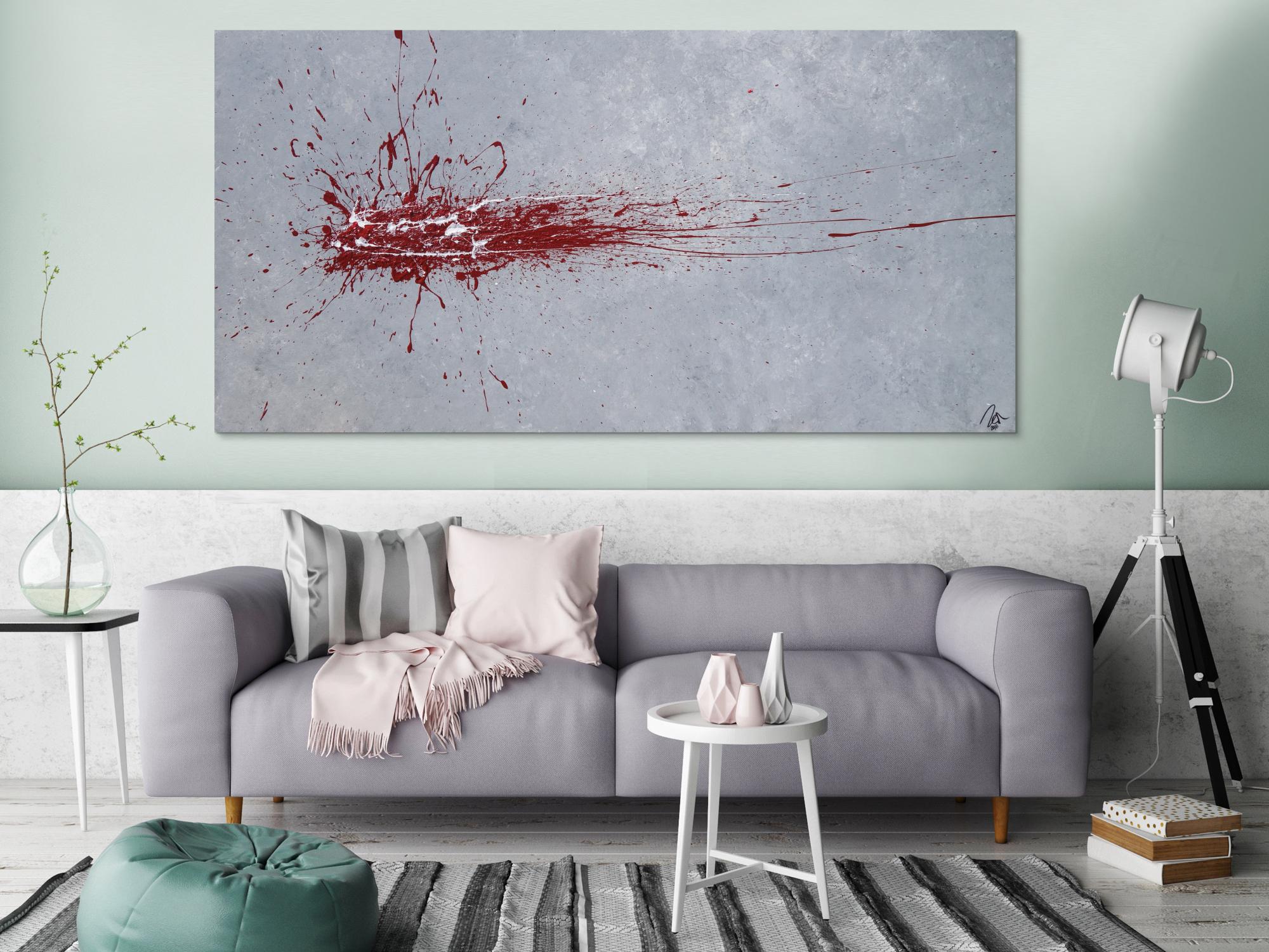 Abstraktes Acrylbild Action Painting Splash Art rot und weiß auf grau expressionistisch modern