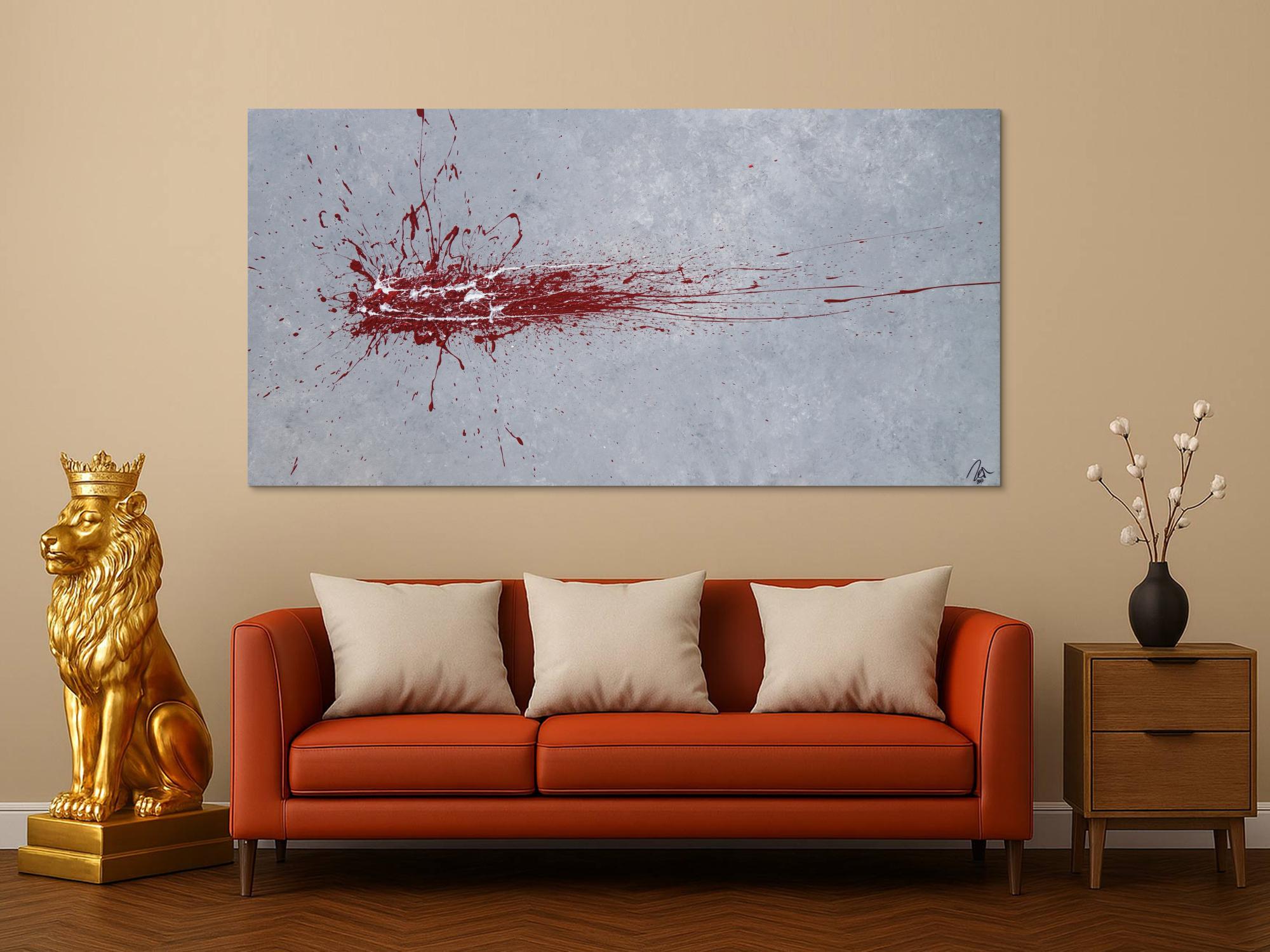 Abstraktes Acrylbild Action Painting Splash Art rot und weiß auf grau expressionistisch modern