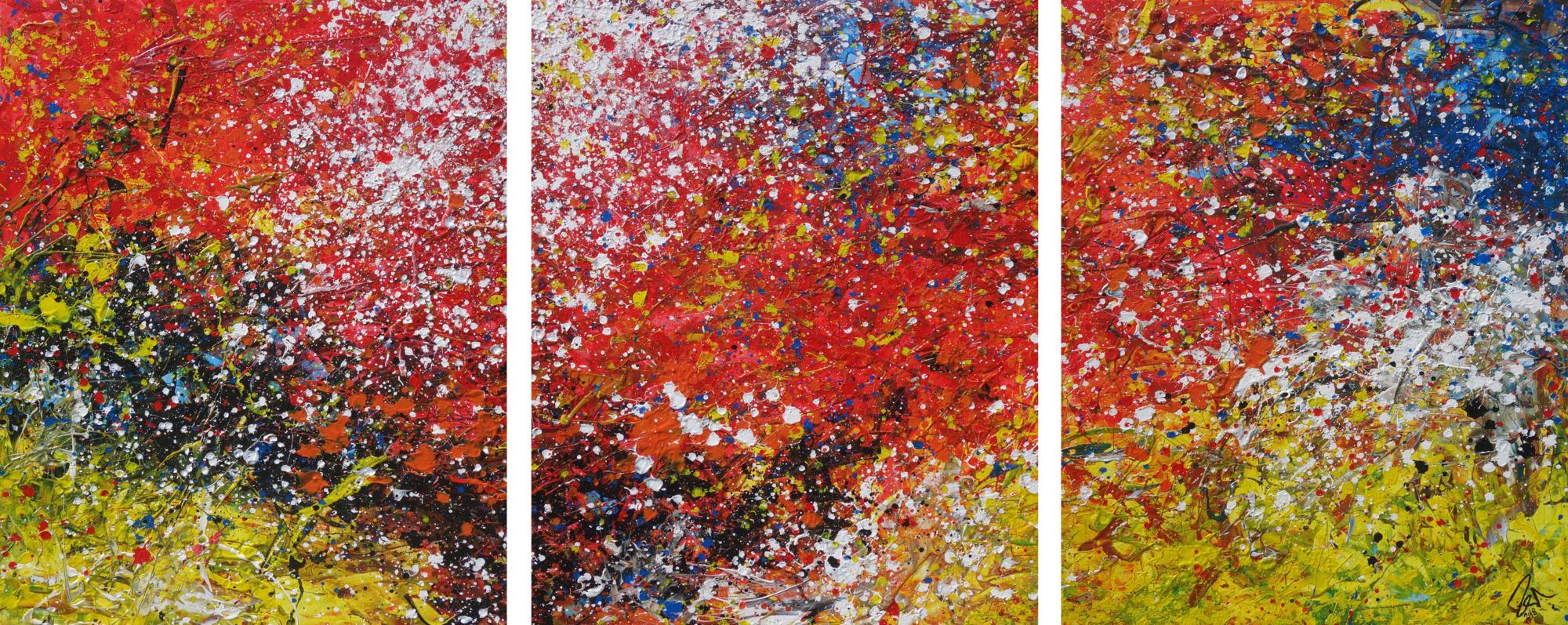 Abstraktes Acrylbild Triptychon groß sehr bunt Action Painting expressionistisch moderne Malerei
