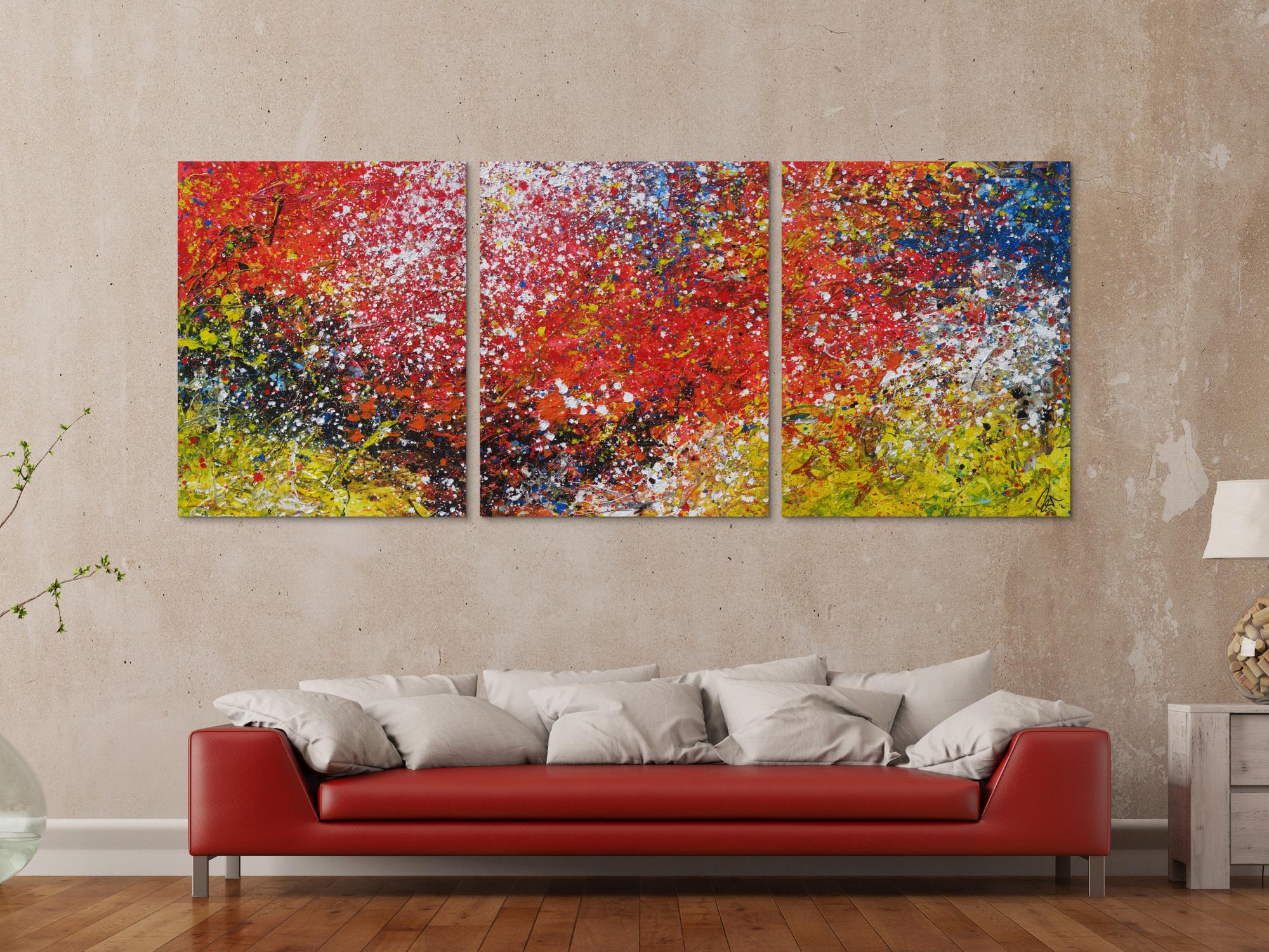 Abstraktes Acrylbild Triptychon groß sehr bunt Action Painting expressionistisch moderne Malerei