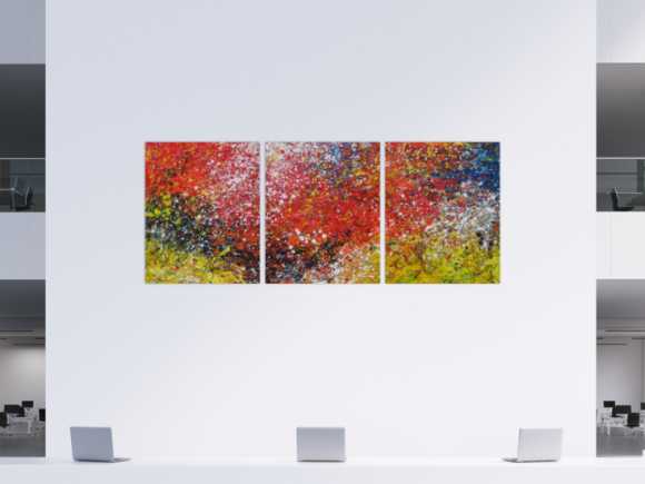 Abstraktes Acrylbild Triptychon groß sehr bunt Action Painting expressionistisch moderne Malerei