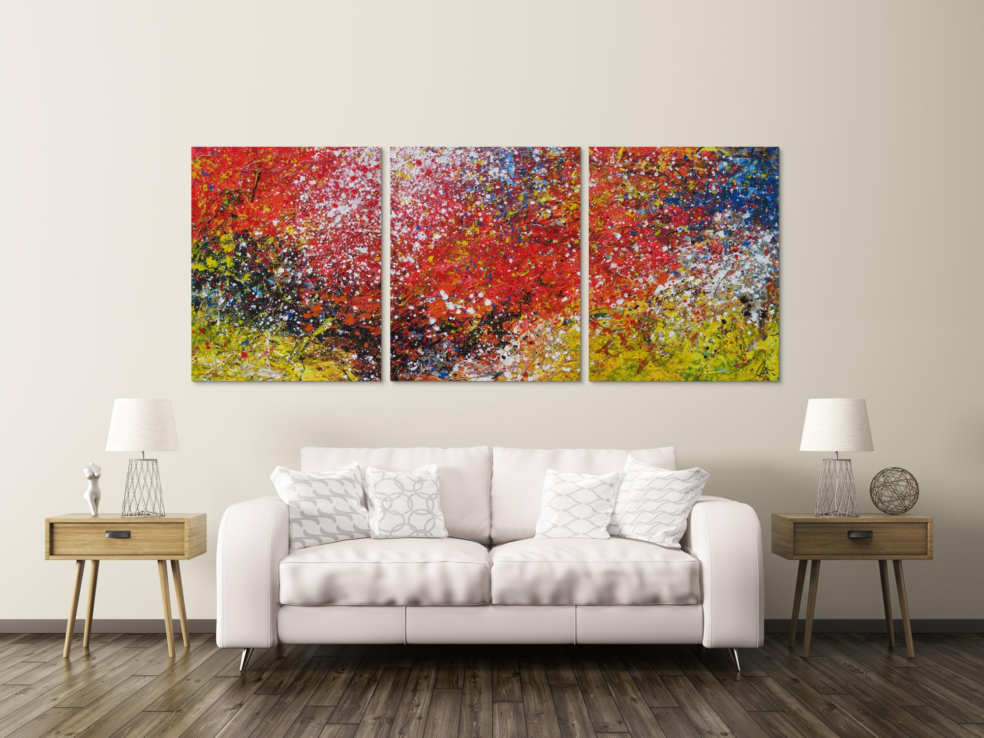 Abstraktes Acrylbild Triptychon groß sehr bunt Action Painting expressionistisch moderne Malerei