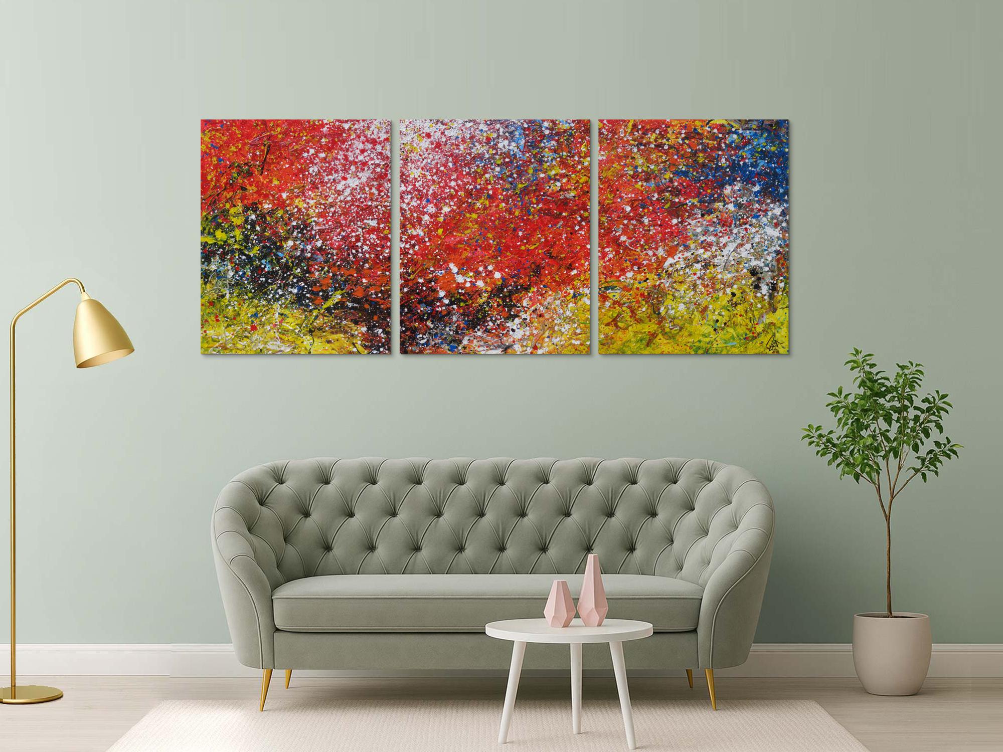 Abstraktes Acrylbild Triptychon groß sehr bunt Action Painting expressionistisch moderne Malerei