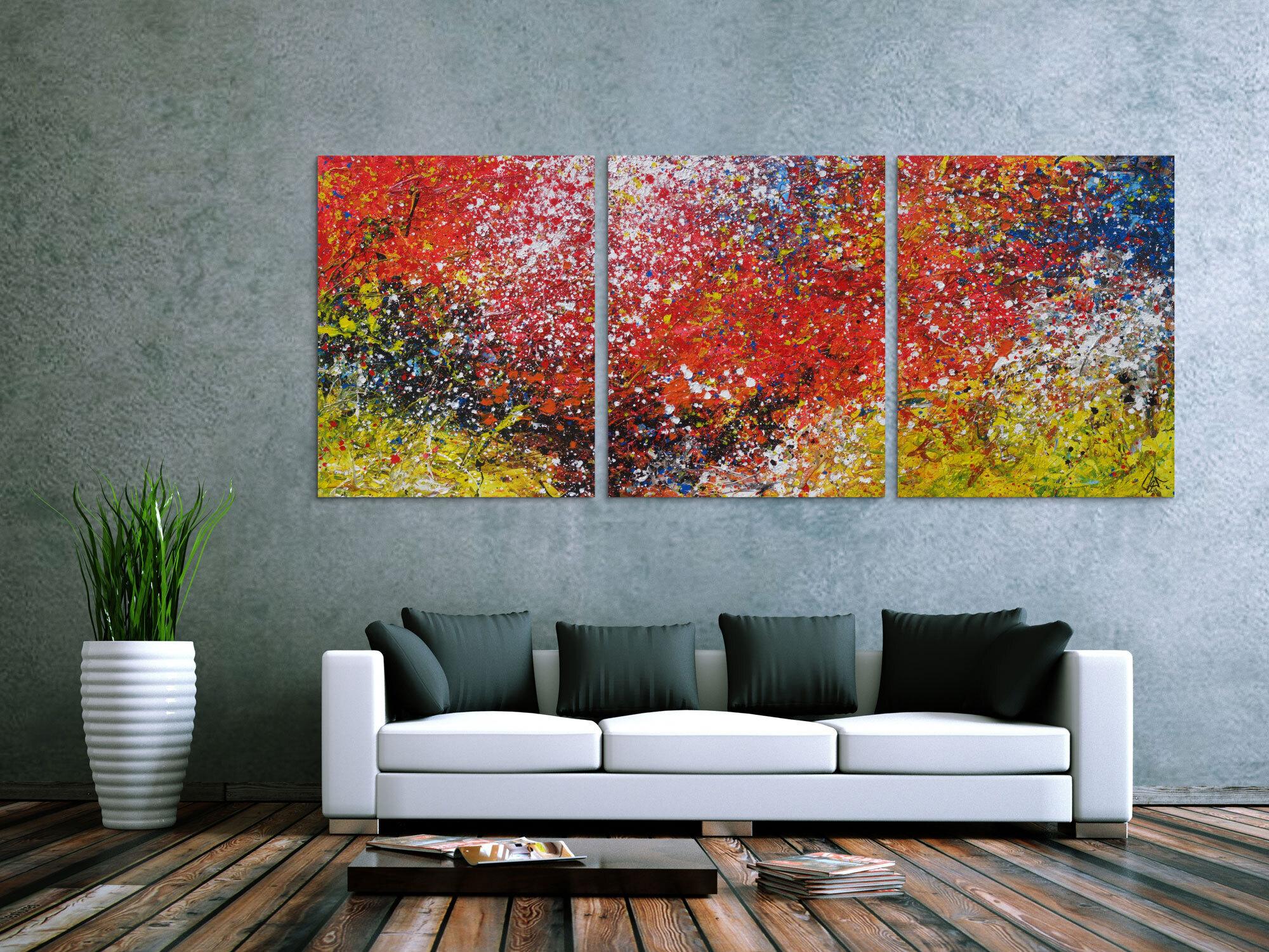 Abstraktes Acrylbild Triptychon groß sehr bunt Action Painting expressionistisch moderne Malerei