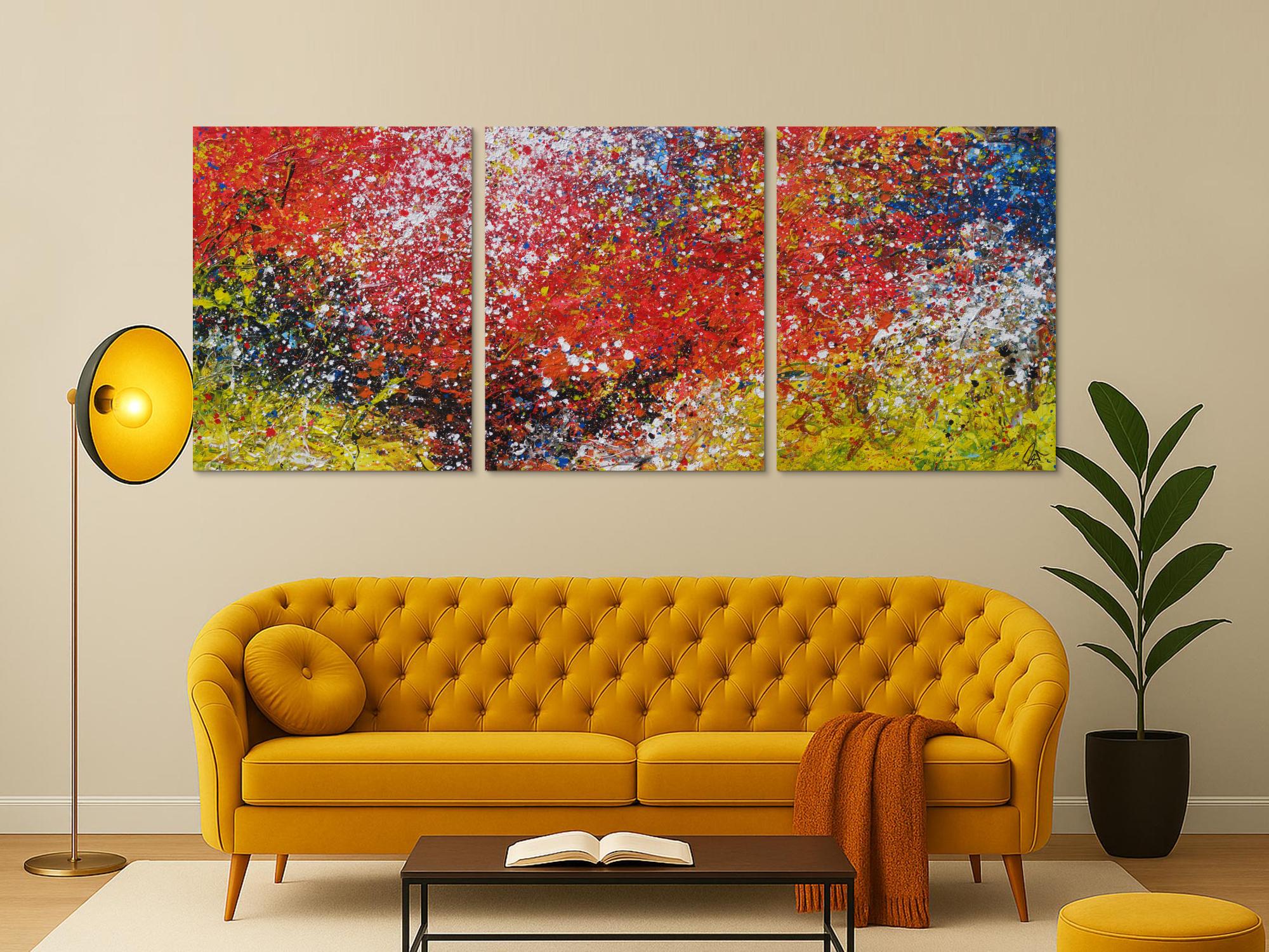 Abstraktes Acrylbild Triptychon groß sehr bunt Action Painting expressionistisch moderne Malerei