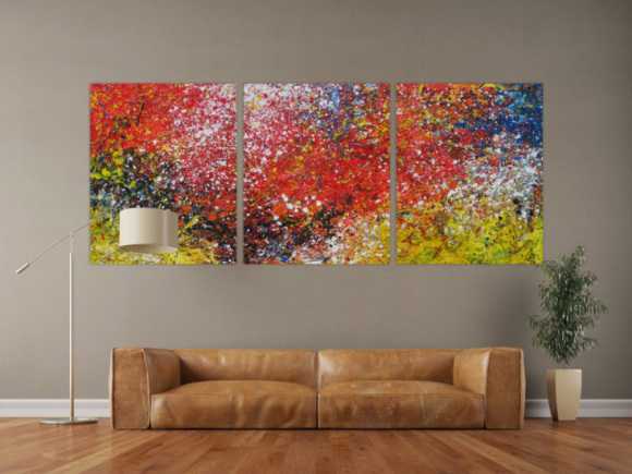 Abstraktes Acrylbild Triptychon groß sehr bunt Action Painting ...