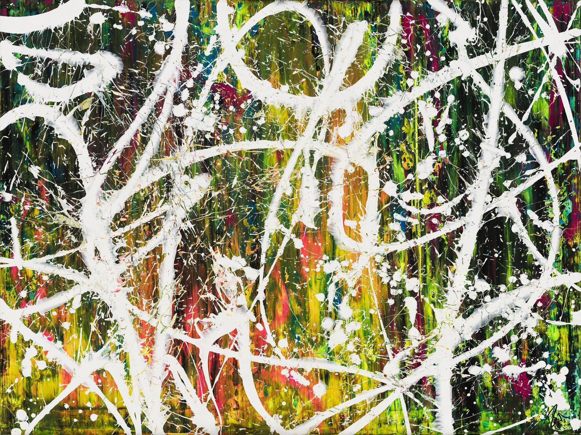 Gemälde Original abstrakt 120x160cm Action Painting Moderne Kunst auf Leinwand Mischtechnik weiß grün rot hochwertig