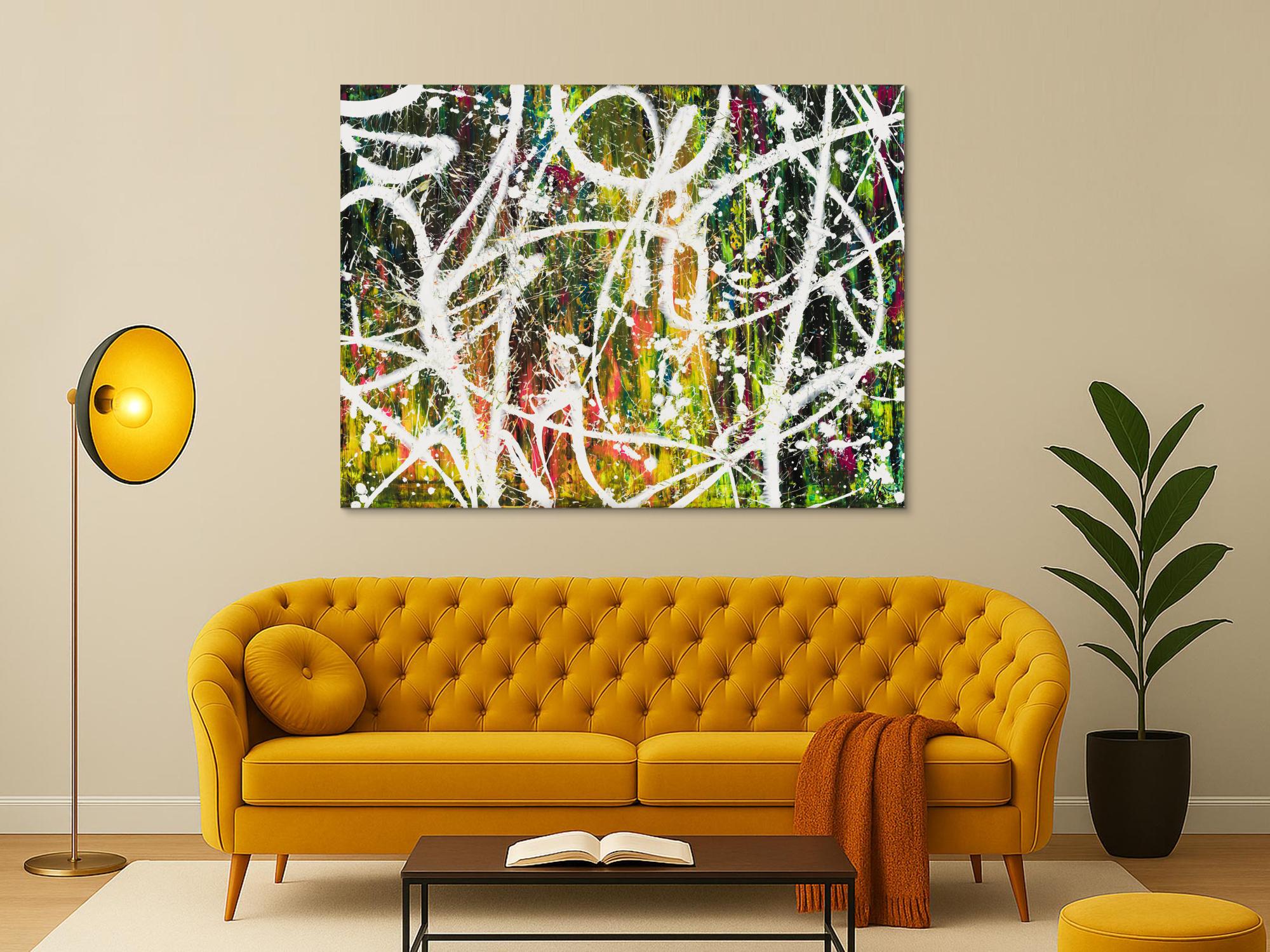 Gemälde Original abstrakt 120x160cm Action Painting Moderne Kunst auf Leinwand Mischtechnik weiß grün rot hochwertig