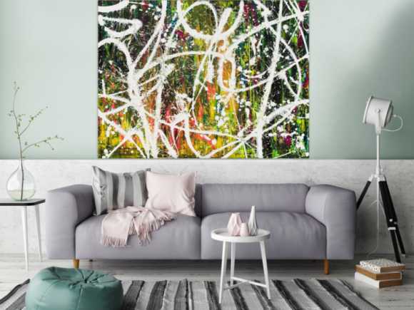 Gemälde Original abstrakt 120x160cm Action Painting Moderne Kunst auf Leinwand Mischtechnik weiß grün rot hochwertig