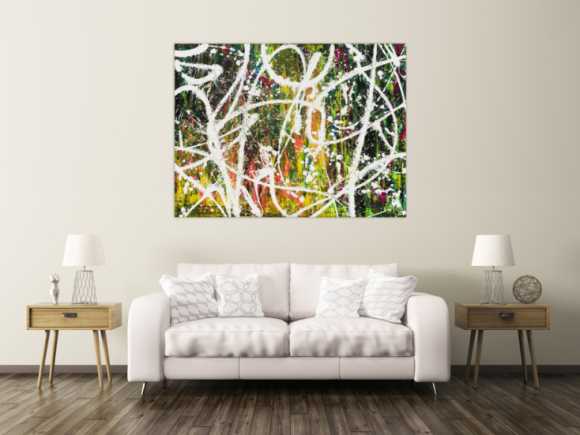 Gemälde Original abstrakt 120x160cm Action Painting Moderne Kunst auf Leinwand Mischtechnik weiß grün rot hochwertig