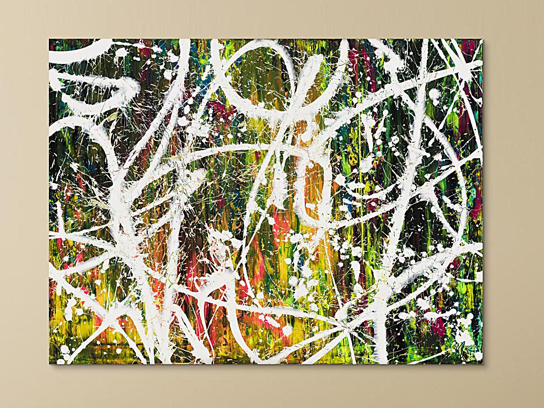 Gemälde Original abstrakt 120x160cm Action Painting Moderne Kunst auf Leinwand Mischtechnik weiß grün rot hochwertig