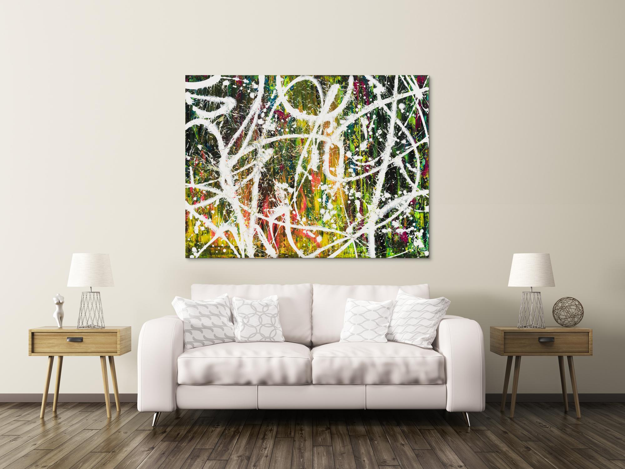 Gemälde Original abstrakt 120x160cm Action Painting Moderne Kunst auf Leinwand Mischtechnik weiß grün rot hochwertig