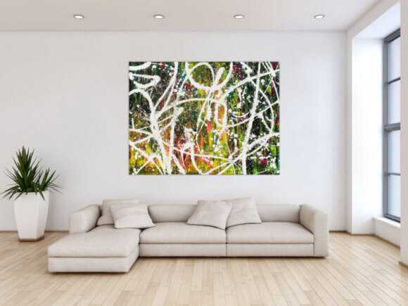 Gemälde Original abstrakt 120x160cm Action Painting Moderne Kunst auf Leinwand Mischtechnik weiß grün rot hochwertig
