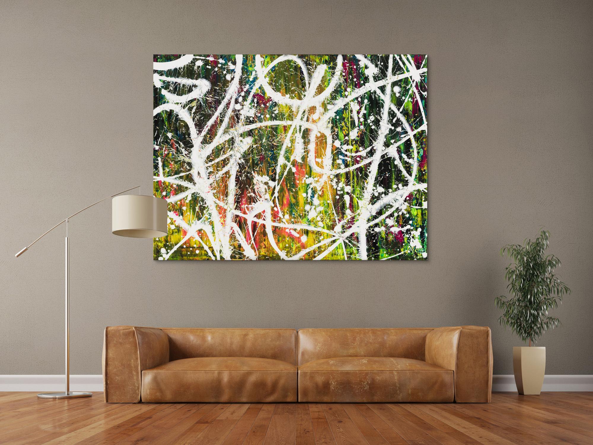 Gemälde Original abstrakt 120x160cm Action Painting Moderne Kunst auf Leinwand Mischtechnik weiß grün rot hochwertig