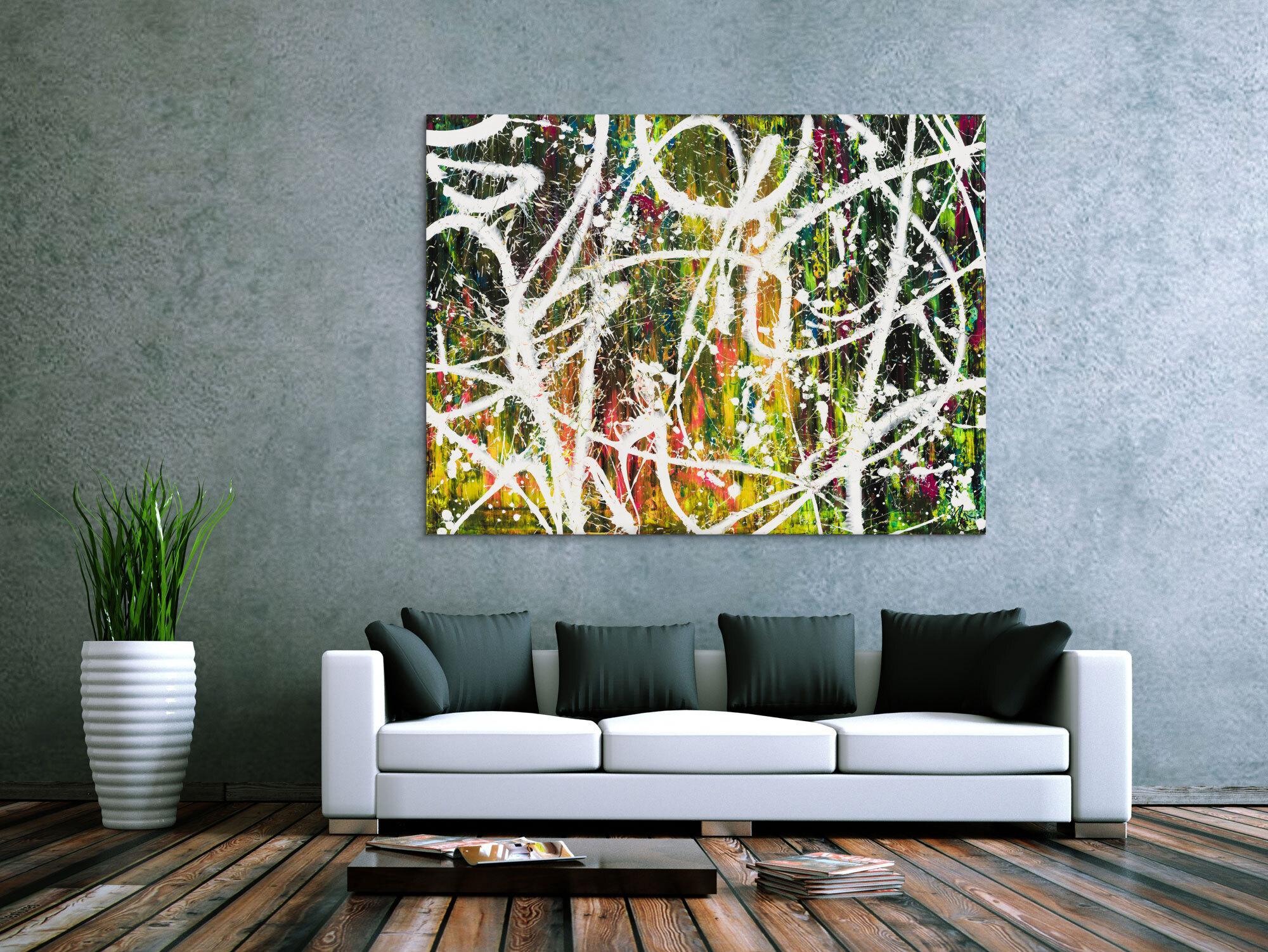 Gemälde Original abstrakt 120x160cm Action Painting Moderne Kunst auf Leinwand Mischtechnik weiß grün rot hochwertig