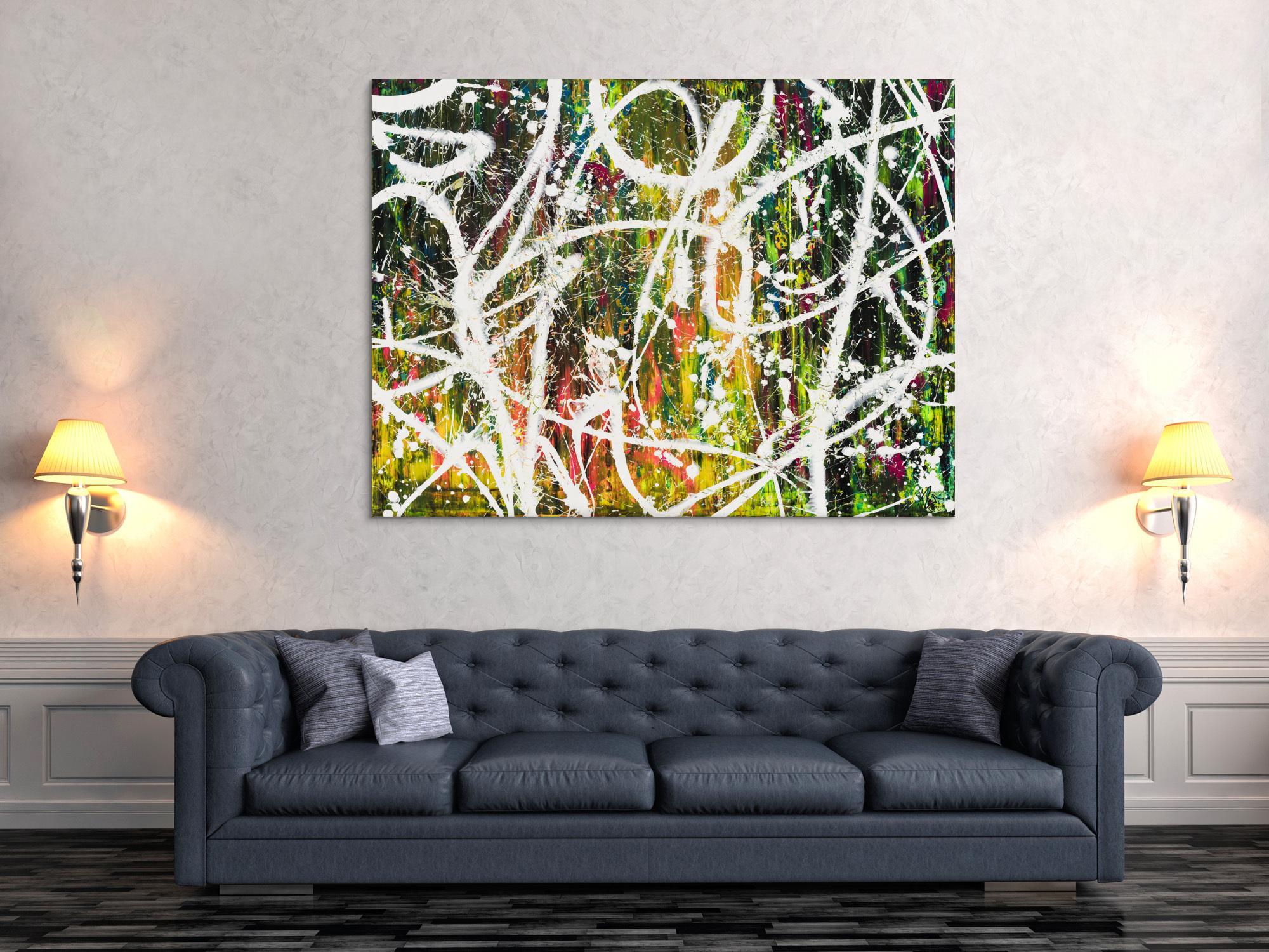 Gemälde Original abstrakt 120x160cm Action Painting Moderne Kunst auf Leinwand Mischtechnik weiß grün rot hochwertig