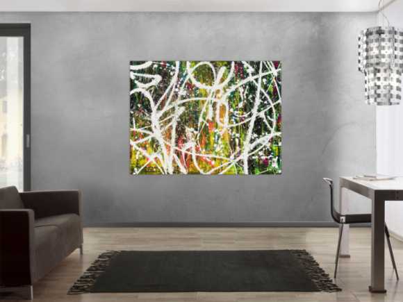 Gemälde Original abstrakt 120x160cm Action Painting Moderne Kunst auf Leinwand Mischtechnik weiß grün rot hochwertig
