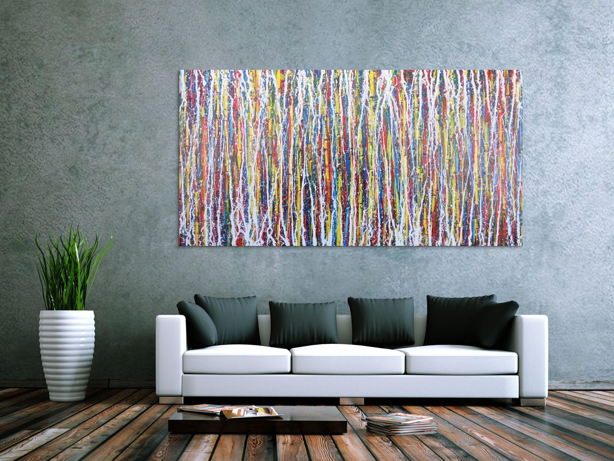 Abstraktes Acrylbild Action Painting sehr modern zeitgenössisch bunte Farben mit weiß