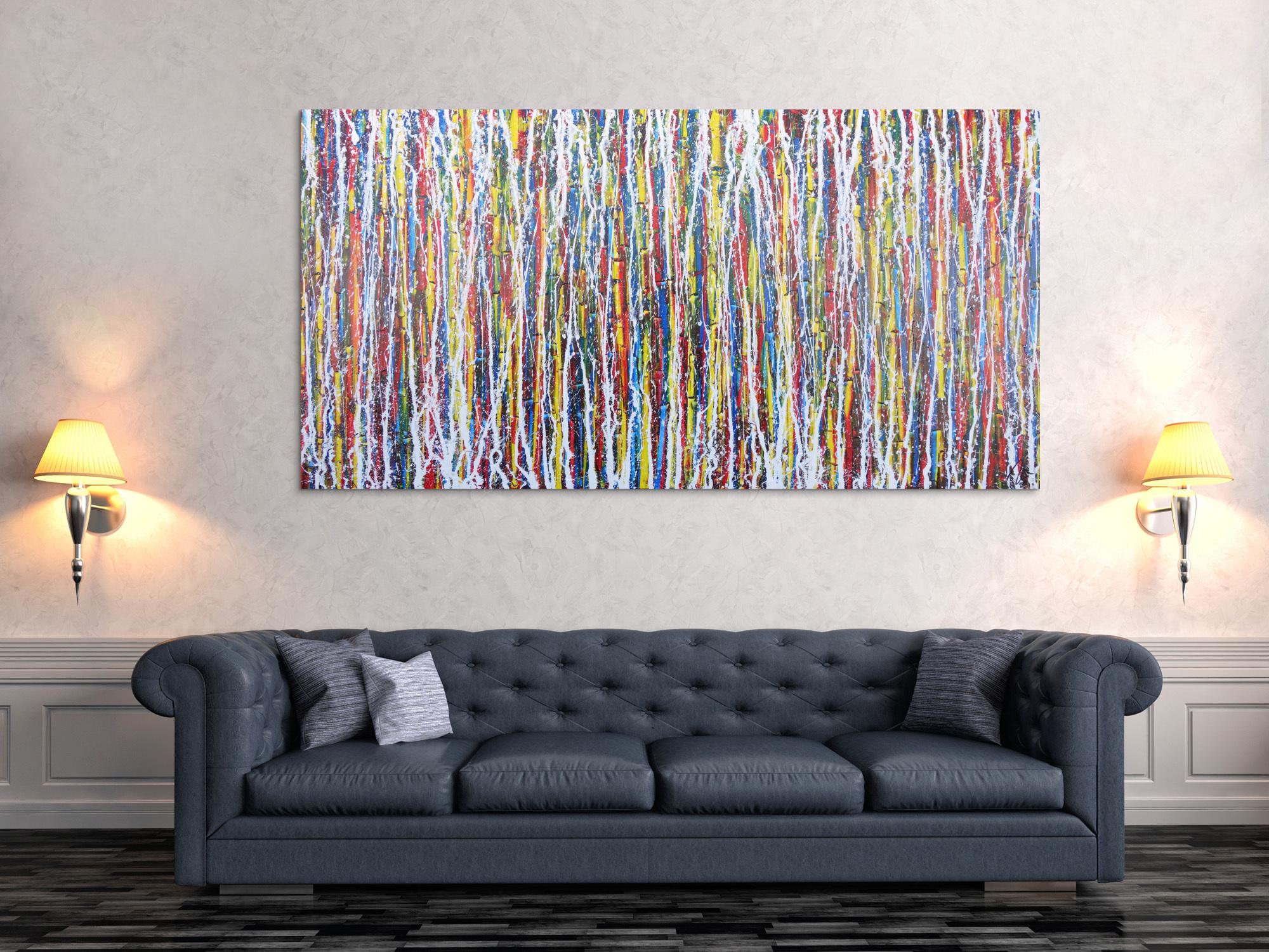 Abstraktes Acrylbild Action Painting sehr modern zeitgenössisch bunte Farben mit weiß