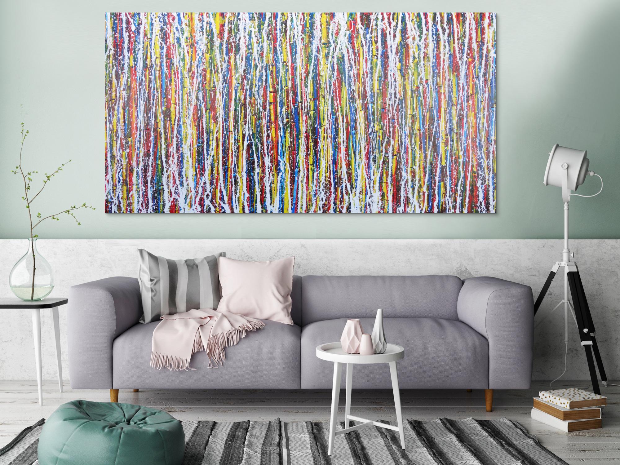 Abstraktes Acrylbild Action Painting sehr modern zeitgenössisch bunte Farben mit weiß