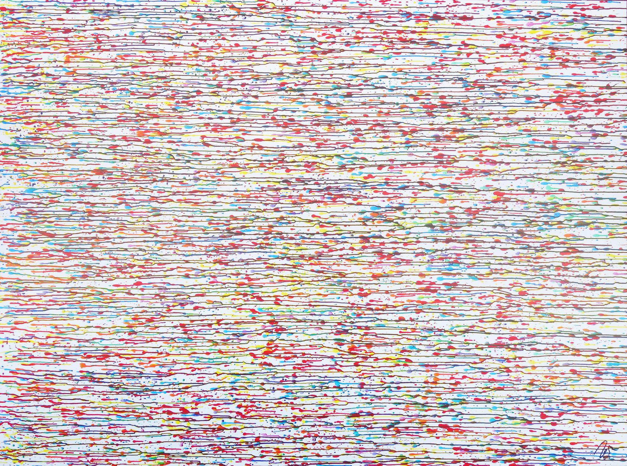 Abstraktes Acrylbild bunte Tropfen auf weißem Grund sehr modern zeitgenössisch