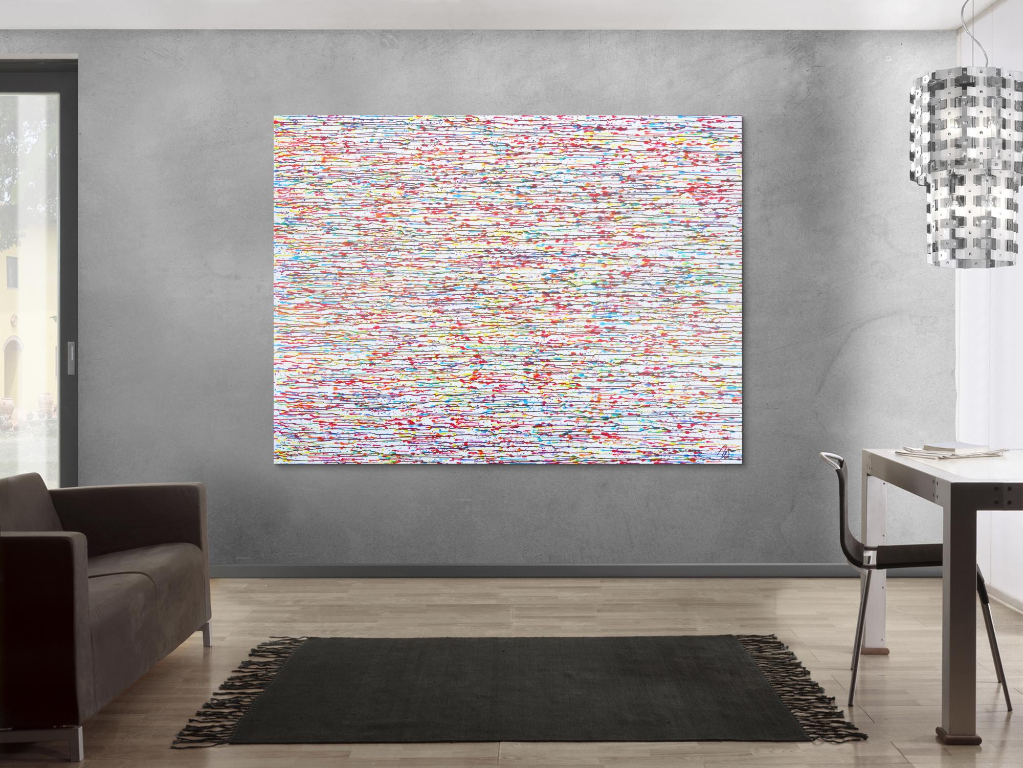 Abstraktes Acrylbild bunte Tropfen auf weißem Grund sehr modern zeitgenössisch