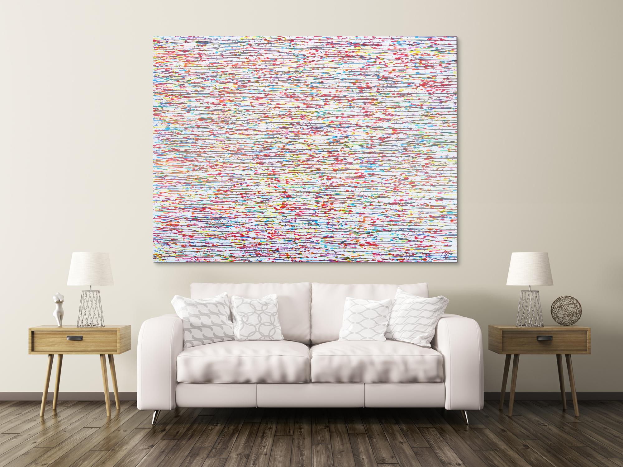 Abstraktes Acrylbild bunte Tropfen auf weißem Grund sehr modern zeitgenössisch