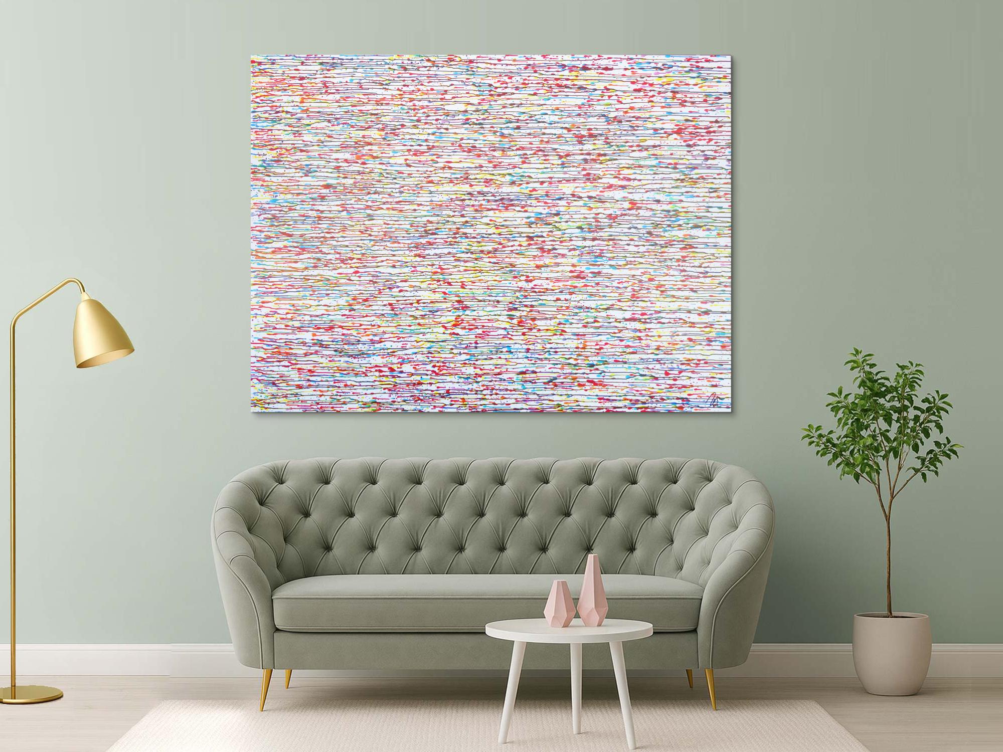 Abstraktes Acrylbild bunte Tropfen auf weißem Grund sehr modern zeitgenössisch