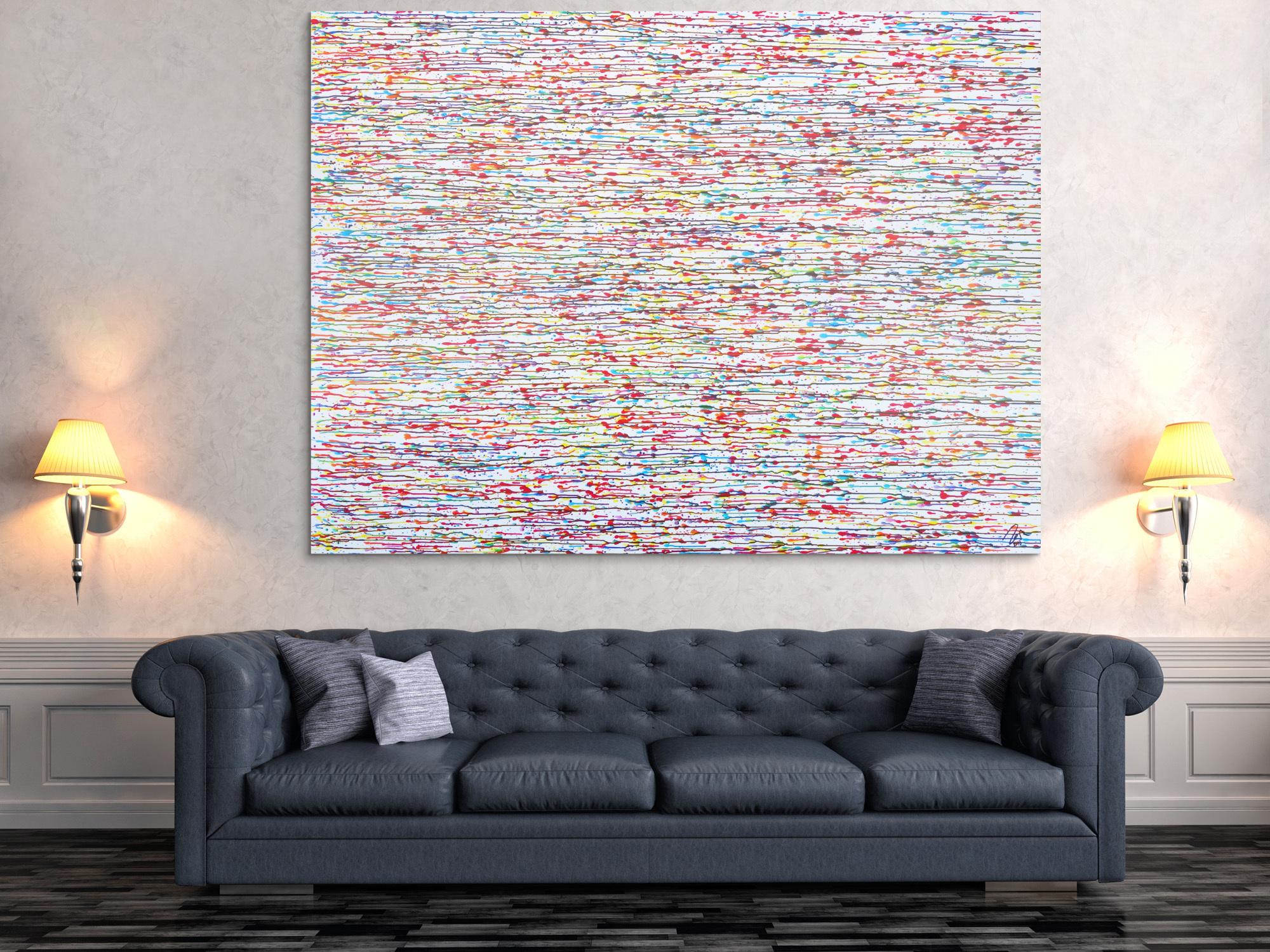 Abstraktes Acrylbild bunte Tropfen auf weißem Grund sehr modern zeitgenössisch