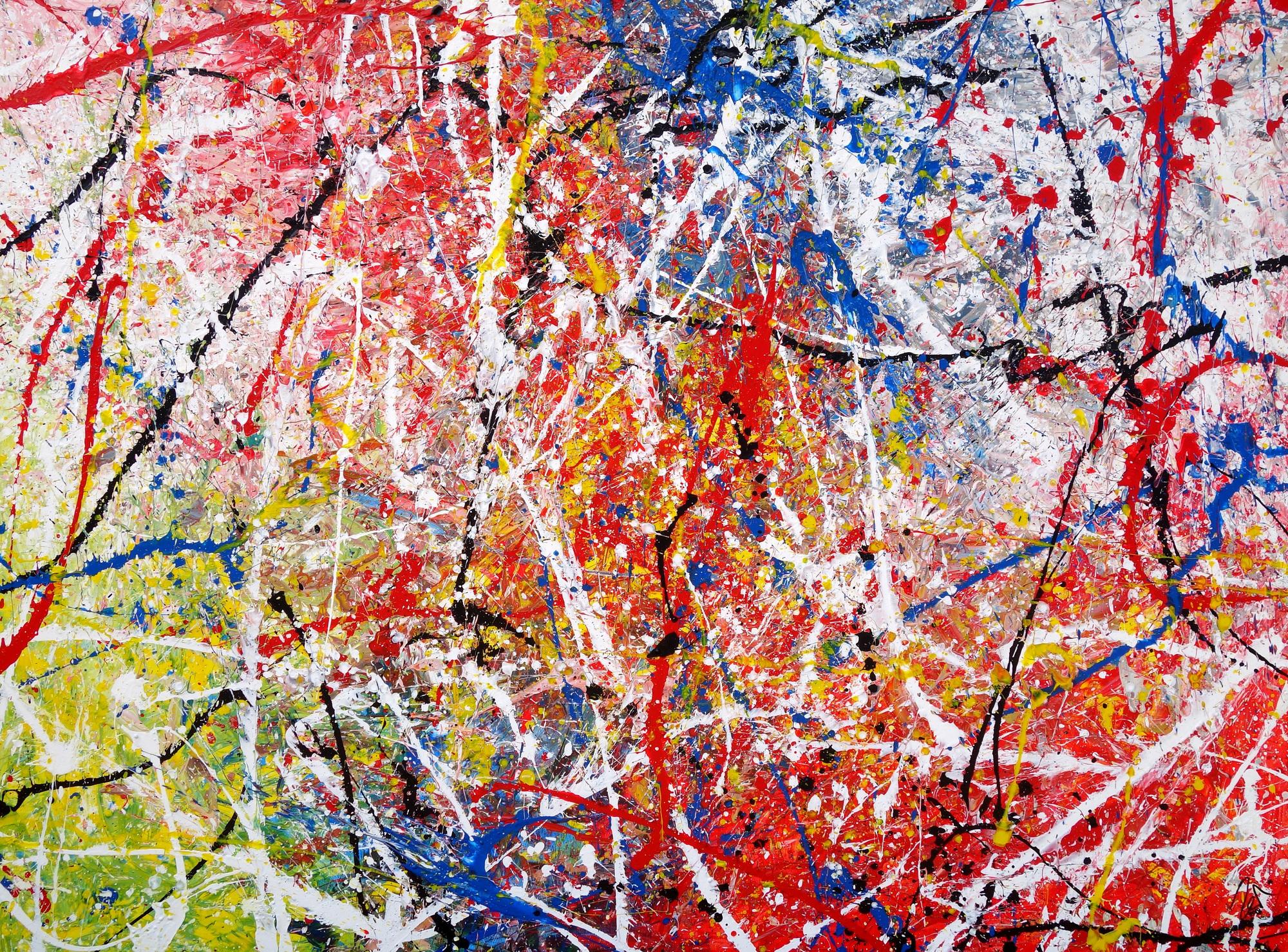 Abstraktes Acrylbild Action Painting sehr bunt modern rot blau grün weiß