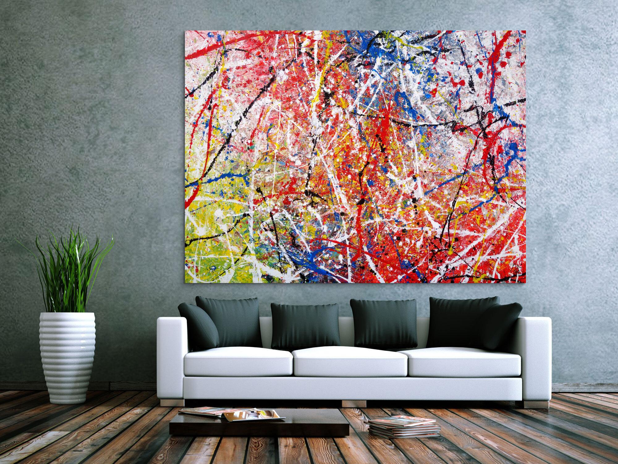 Abstraktes Acrylbild Action Painting sehr bunt modern rot blau grün weiß