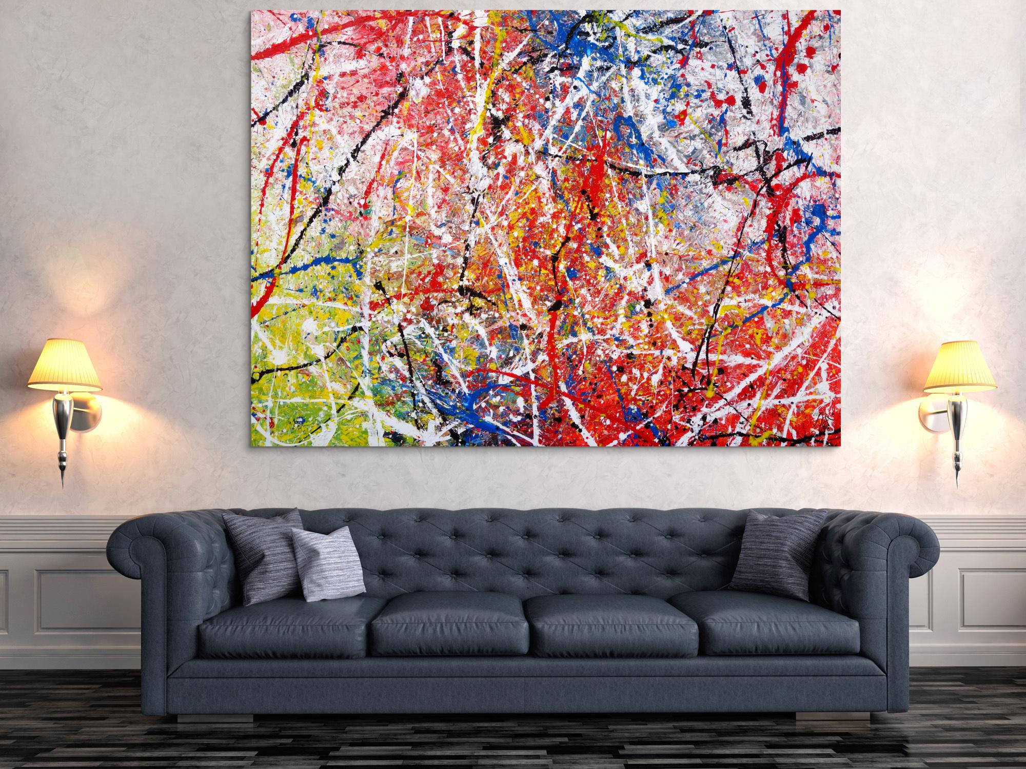 Abstraktes Acrylbild Action Painting sehr bunt modern rot blau grün weiß