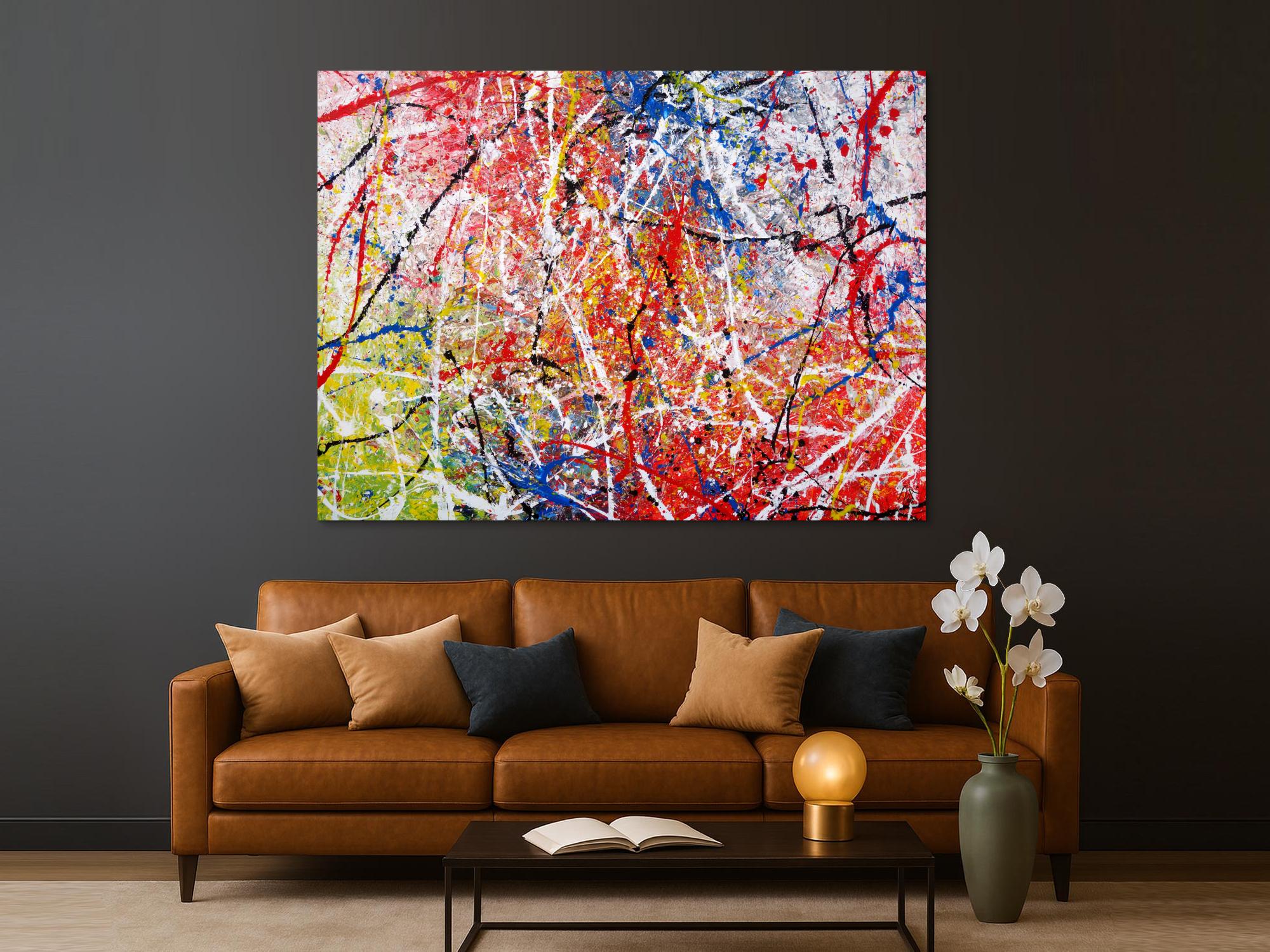 Abstraktes Acrylbild Action Painting sehr bunt modern rot blau grün weiß