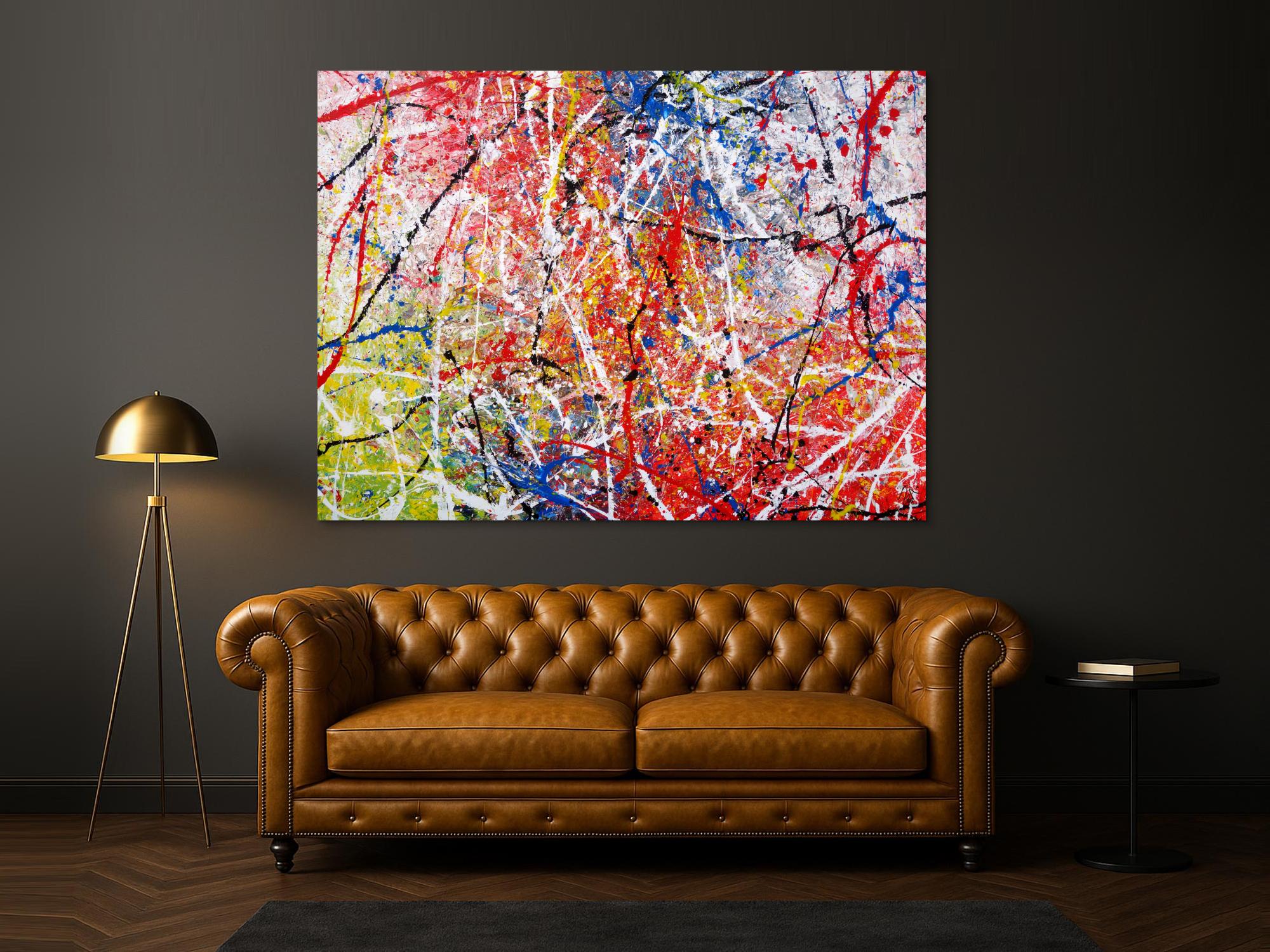 Abstraktes Acrylbild Action Painting sehr bunt modern rot blau grün weiß