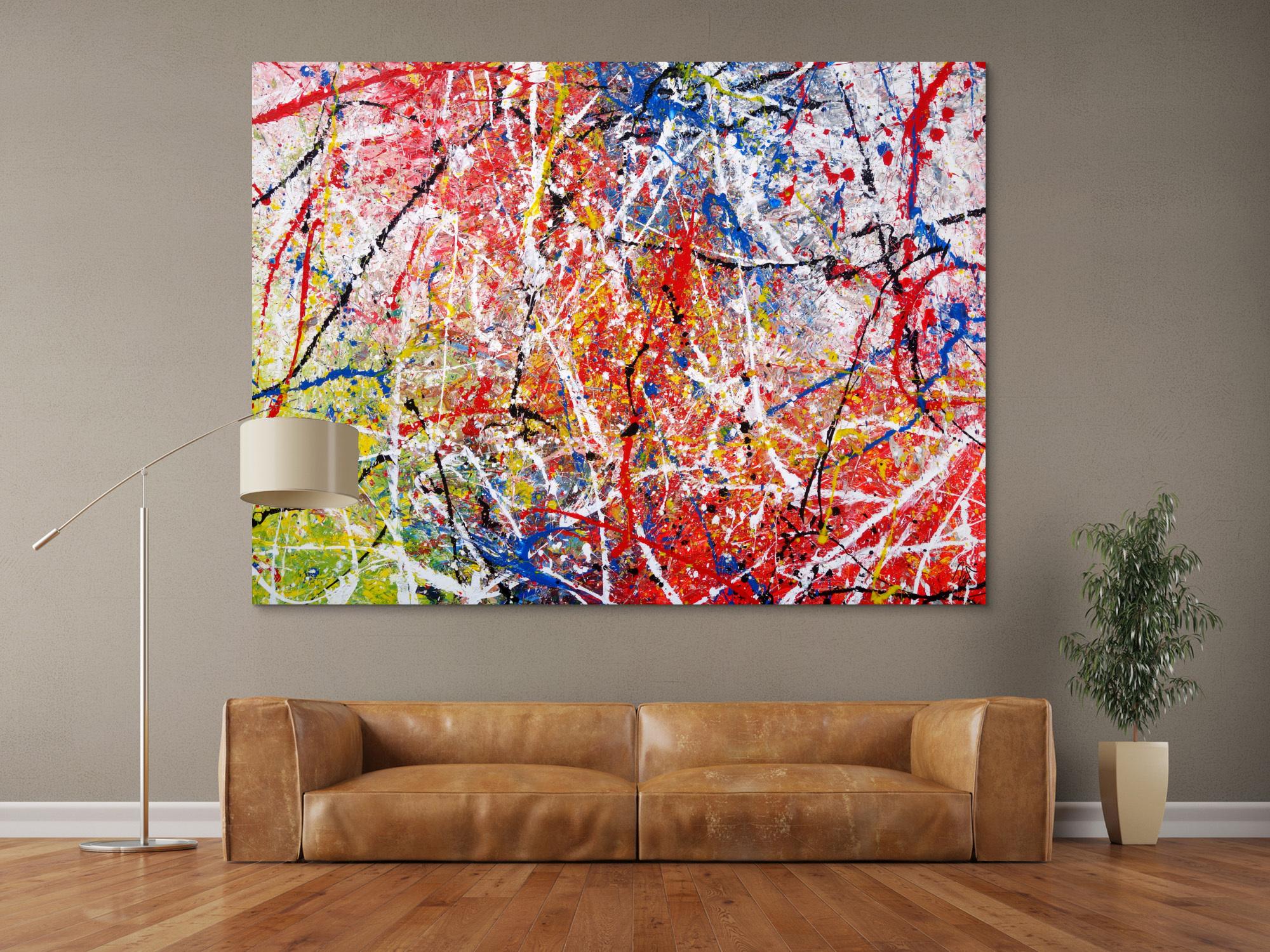 Abstraktes Acrylbild Action Painting sehr bunt modern rot blau grün weiß