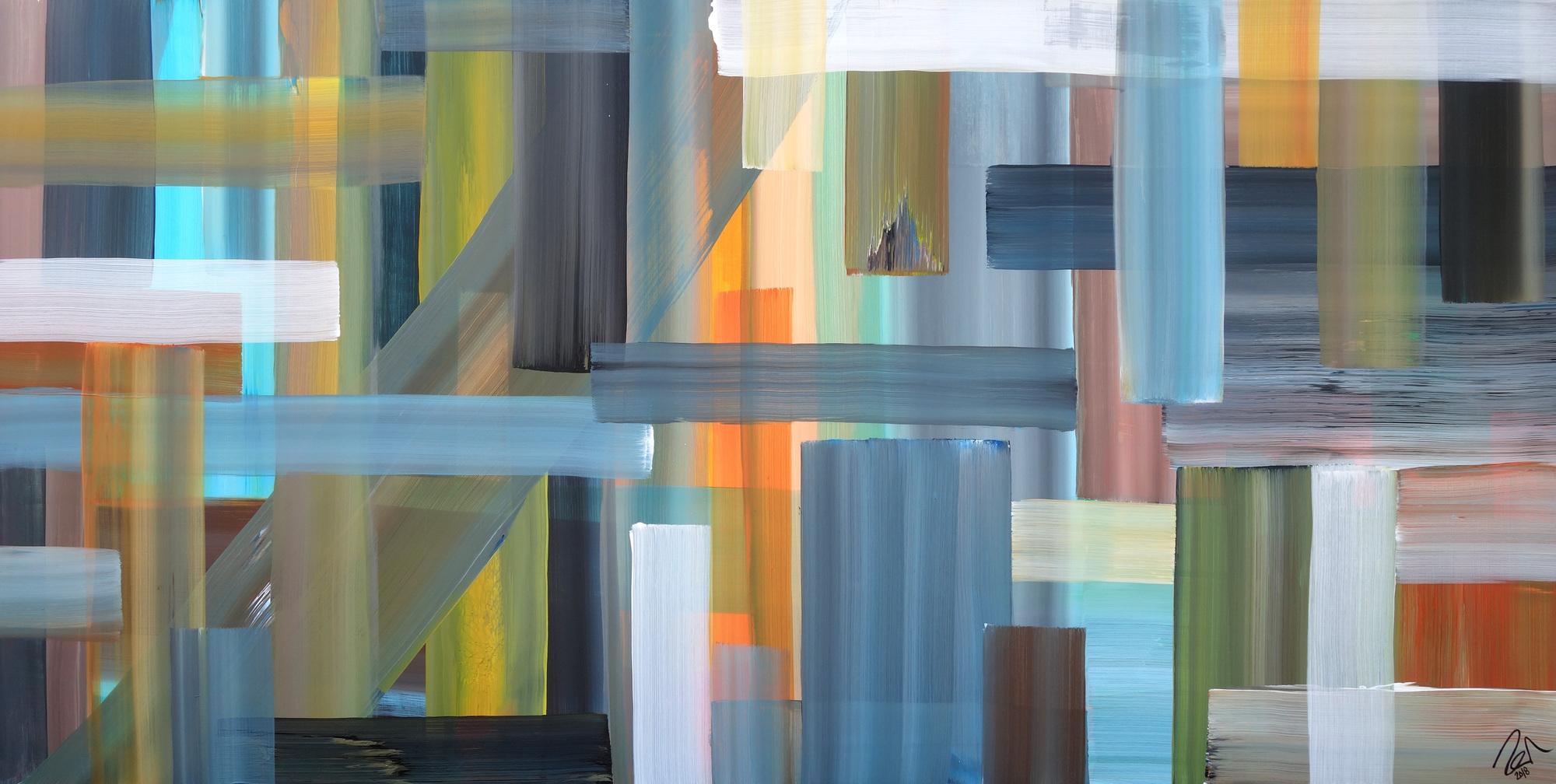 Abstraktes Acrylbild sehr modern bunte Flächen und Streifen zeitgenössische Flächenmalerei