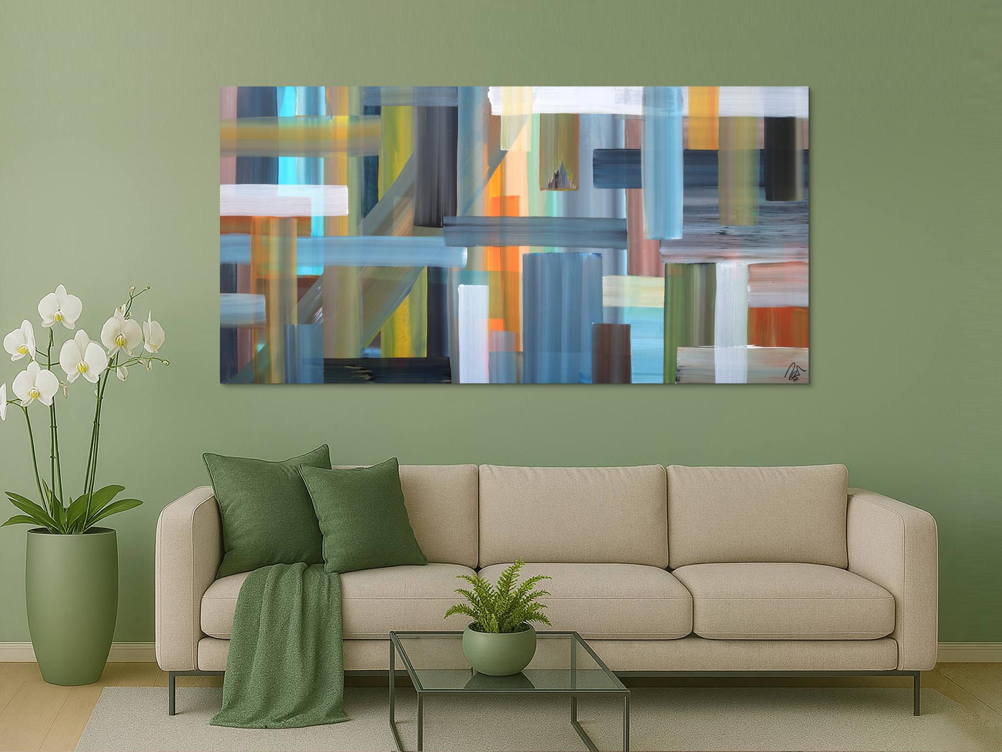 Abstraktes Acrylbild sehr modern bunte Flächen und Streifen zeitgenössische Flächenmalerei