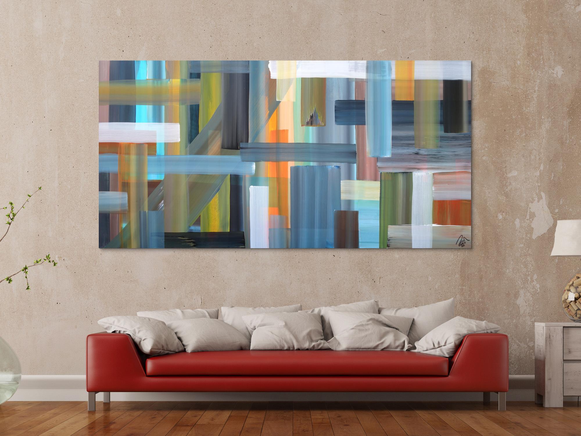Abstraktes Acrylbild sehr modern bunte Flächen und Streifen zeitgenössische Flächenmalerei