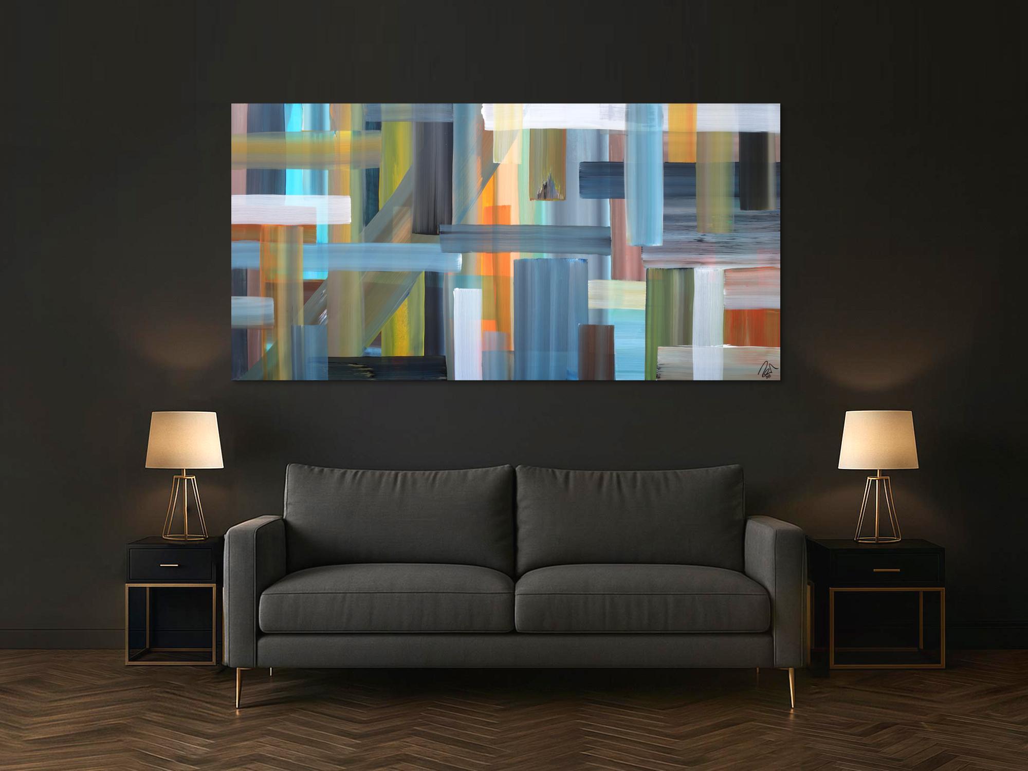 Abstraktes Acrylbild sehr modern bunte Flächen und Streifen zeitgenössische Flächenmalerei