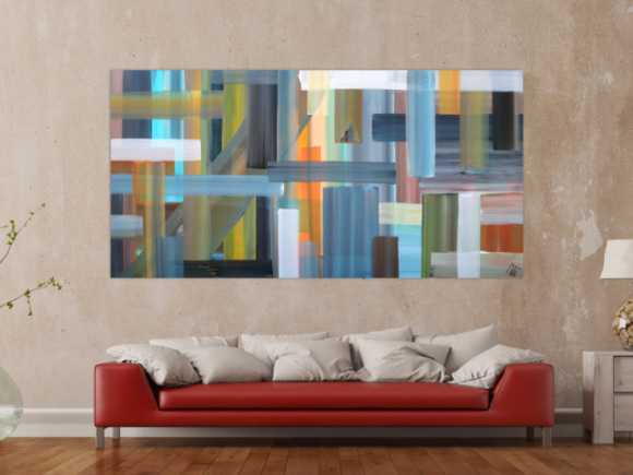 Abstraktes Acrylbild sehr modern bunte Flächen und Streifen zeitgenössische Flächenmalerei