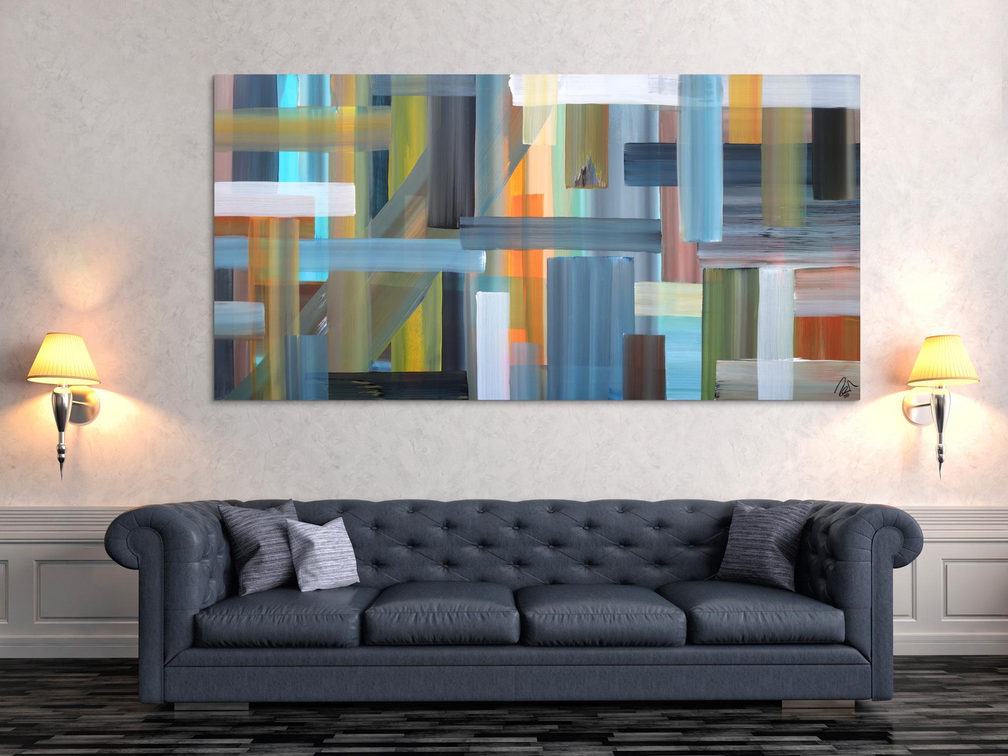 Abstraktes Acrylbild sehr modern bunte Flächen und Streifen zeitgenössische Flächenmalerei