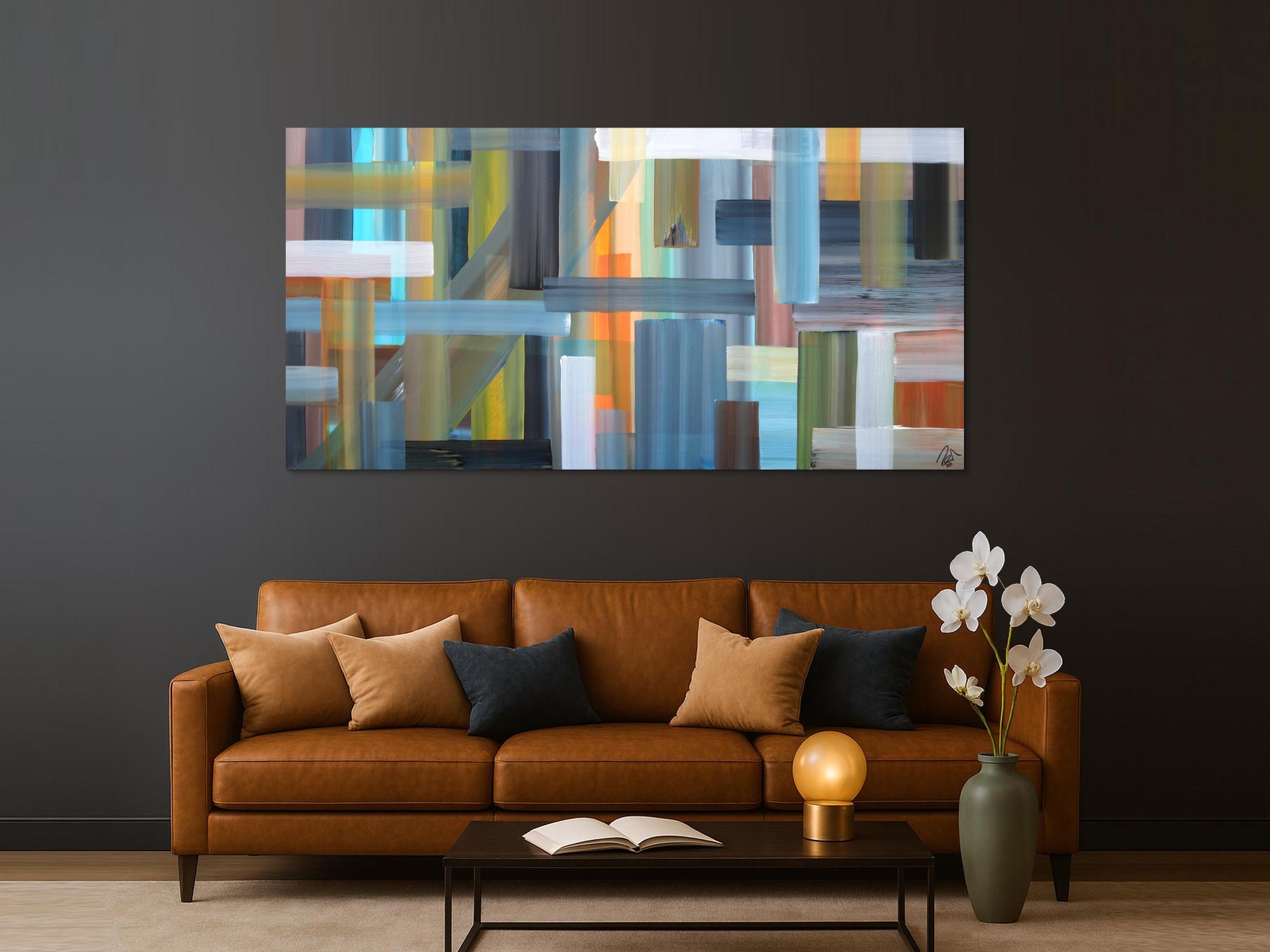 Abstraktes Acrylbild sehr modern bunte Flächen und Streifen zeitgenössische Flächenmalerei