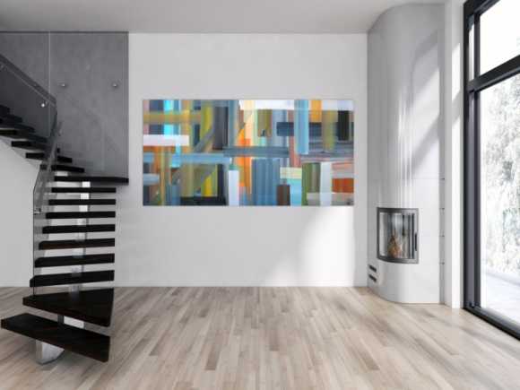 Abstraktes Acrylbild sehr modern bunte Flächen und Streifen zeitgenössische Flächenmalerei