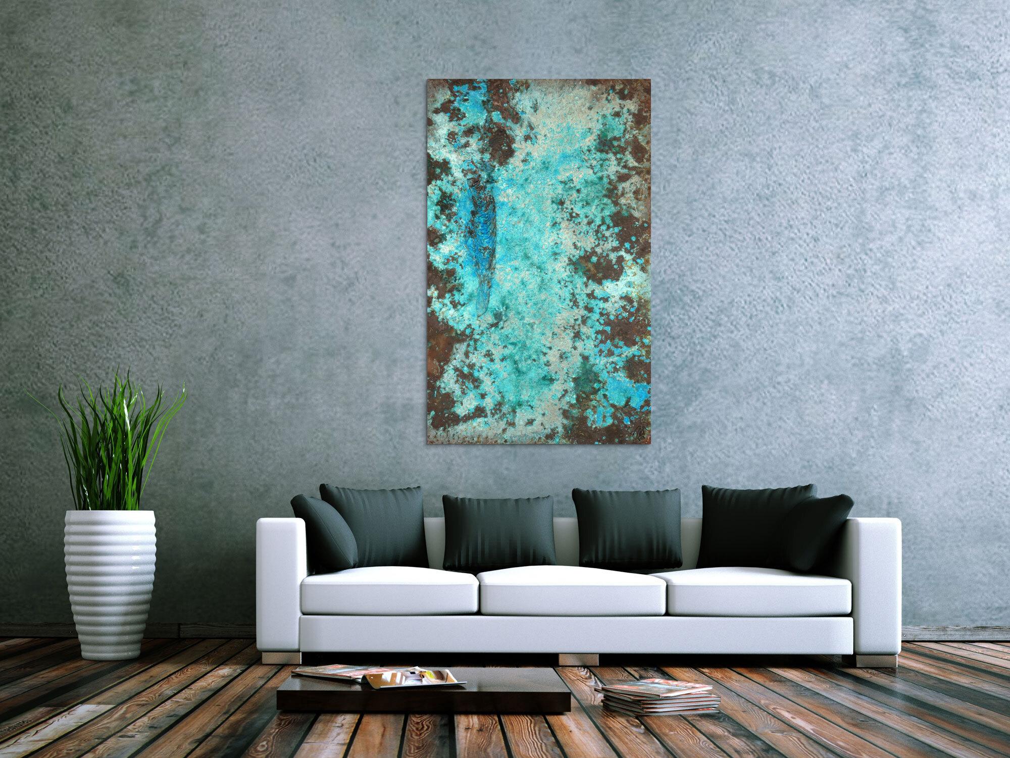 Abstraktes Bild Patina echte Kupferpatina türkis echtes Kupfer und Patina auf Leinwand