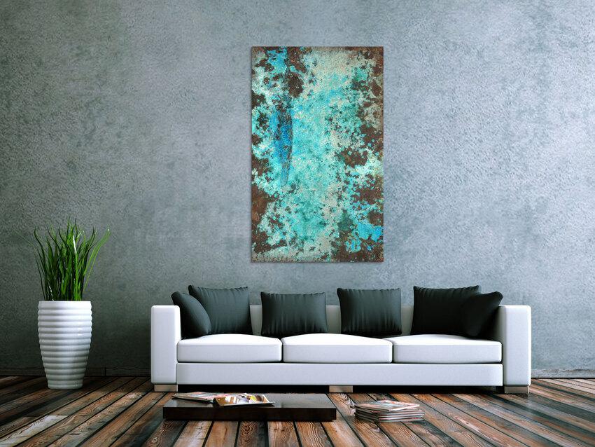 Abstraktes Bild Patina echte Kupferpatina türkis echtes Kupfer und Patina auf Leinwand