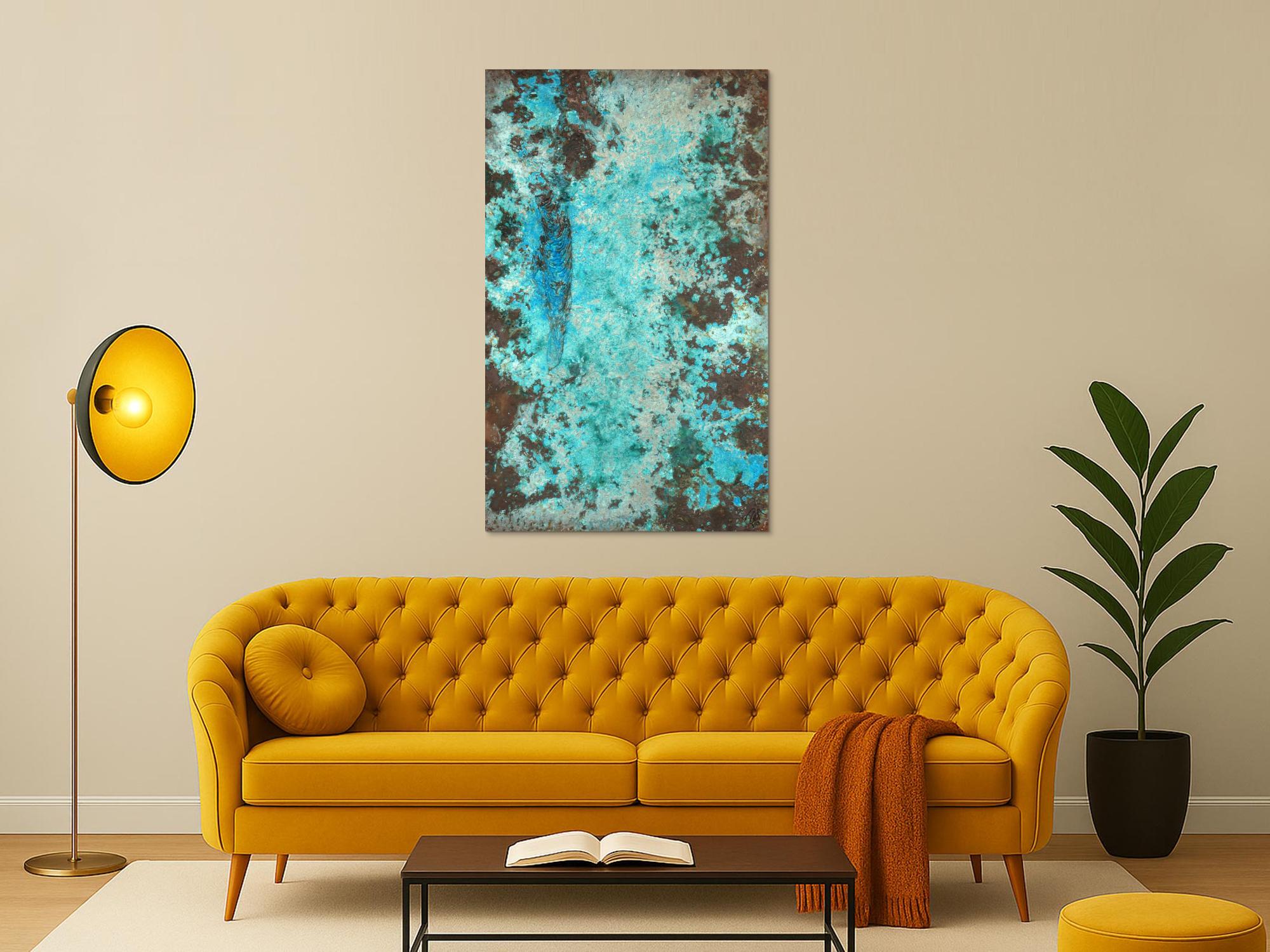 Abstraktes Bild Patina echte Kupferpatina türkis echtes Kupfer und Patina auf Leinwand