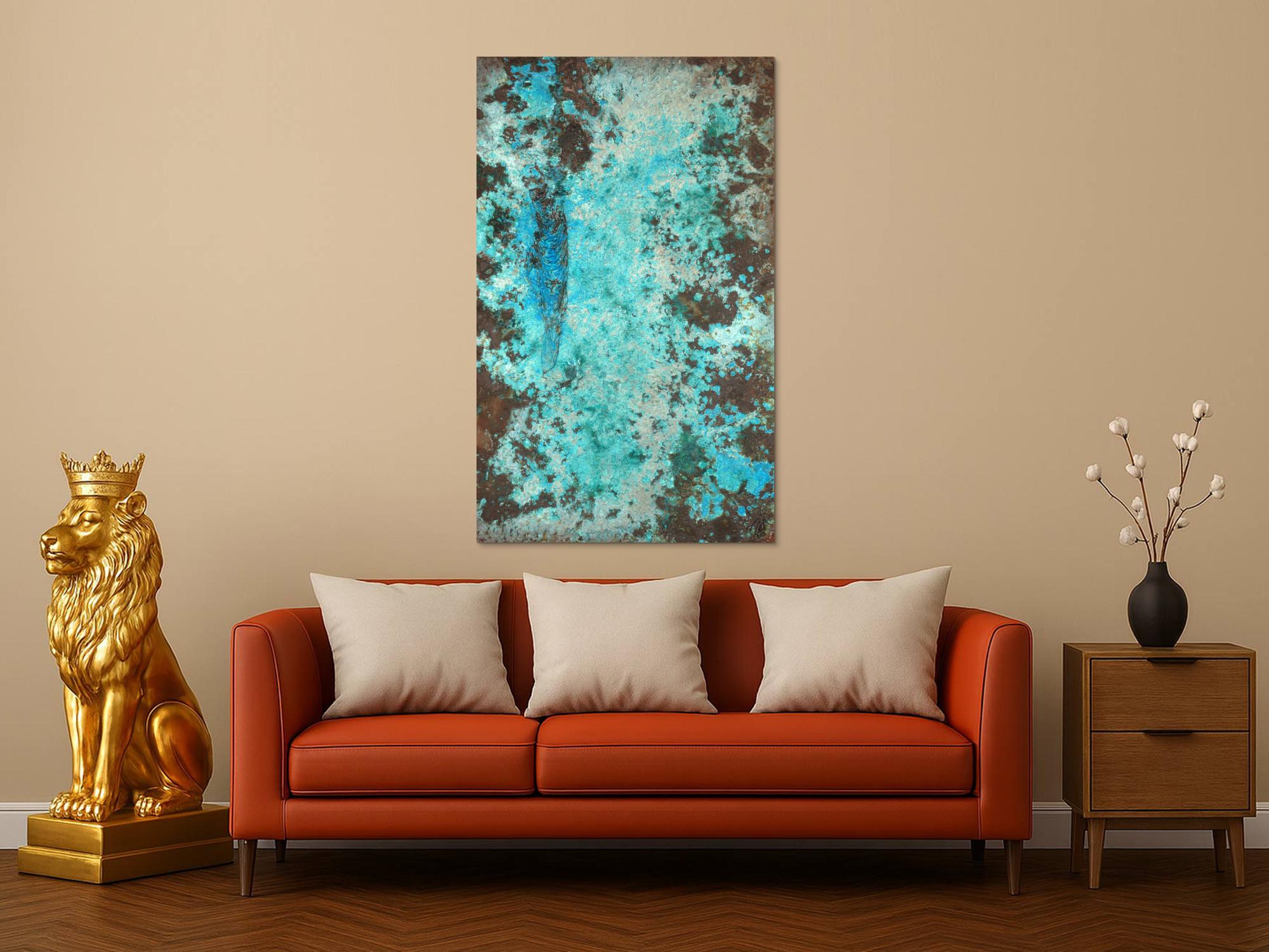 Abstraktes Bild Patina echte Kupferpatina türkis echtes Kupfer und Patina auf Leinwand