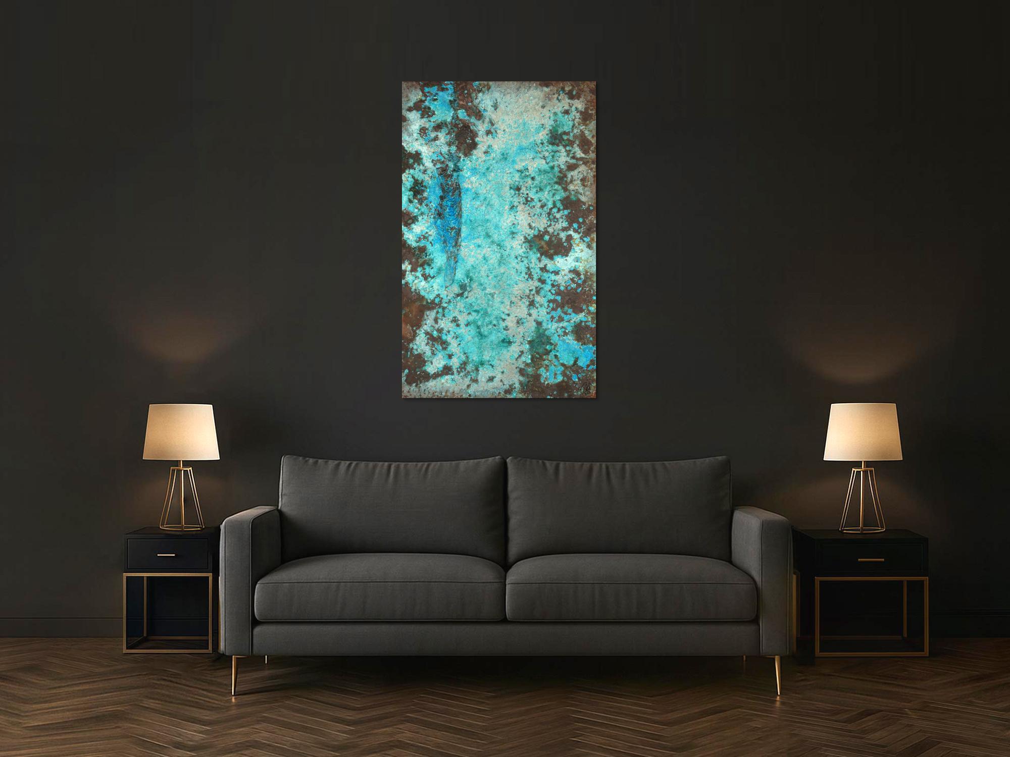 Abstraktes Bild Patina echte Kupferpatina türkis echtes Kupfer und Patina auf Leinwand