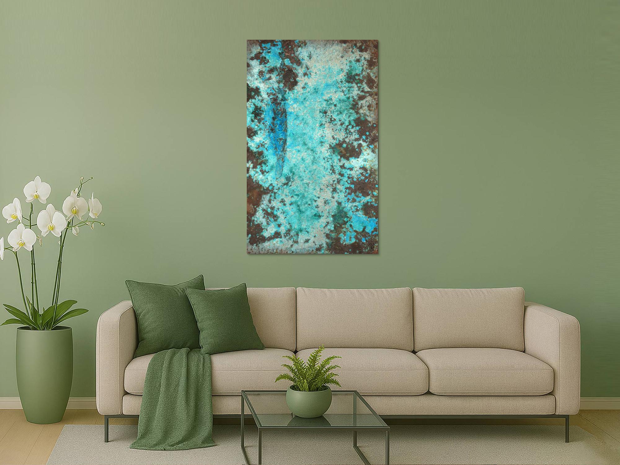 Abstraktes Bild Patina echte Kupferpatina türkis echtes Kupfer und Patina auf Leinwand